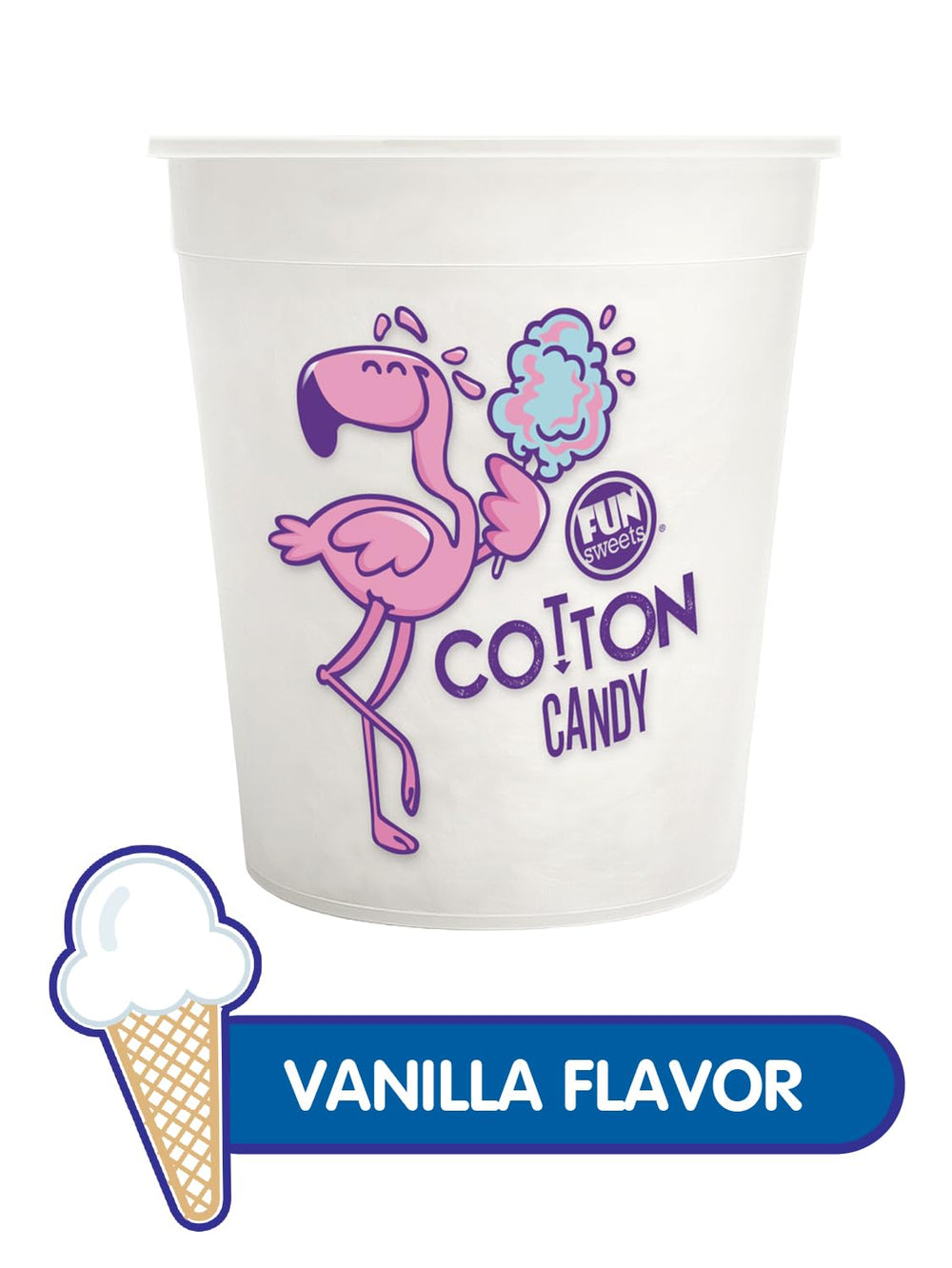 Fun Sweets Vanilla cotton candy tub with logo visible on container for elegant display.
