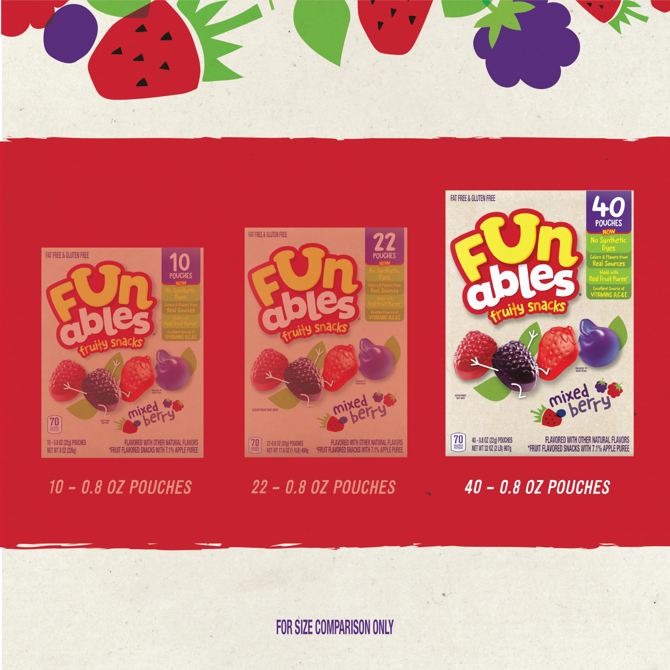 Funables Fruity Snacks fat-free gluten-free badge on pouch, snack-friendly choice.