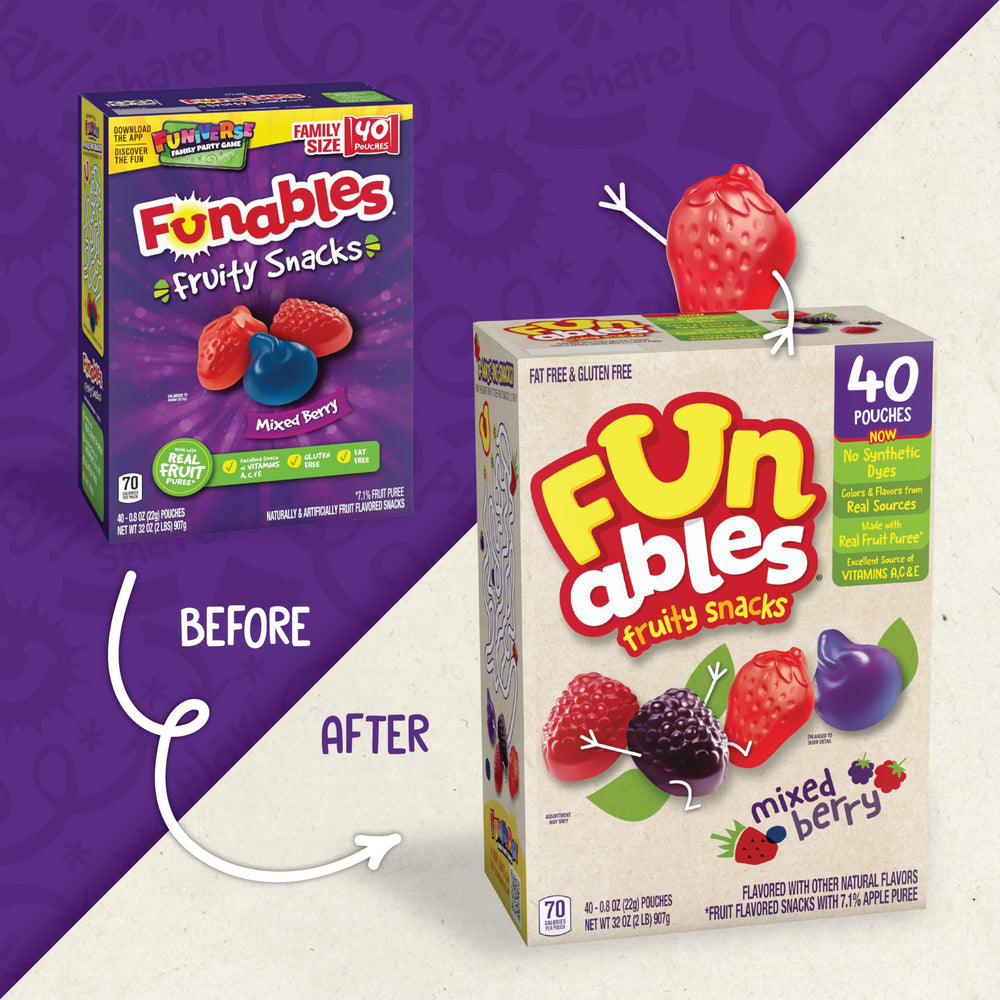 Funables Mixed Berry Fruity Snacks nutrition label highlights real fruit content.