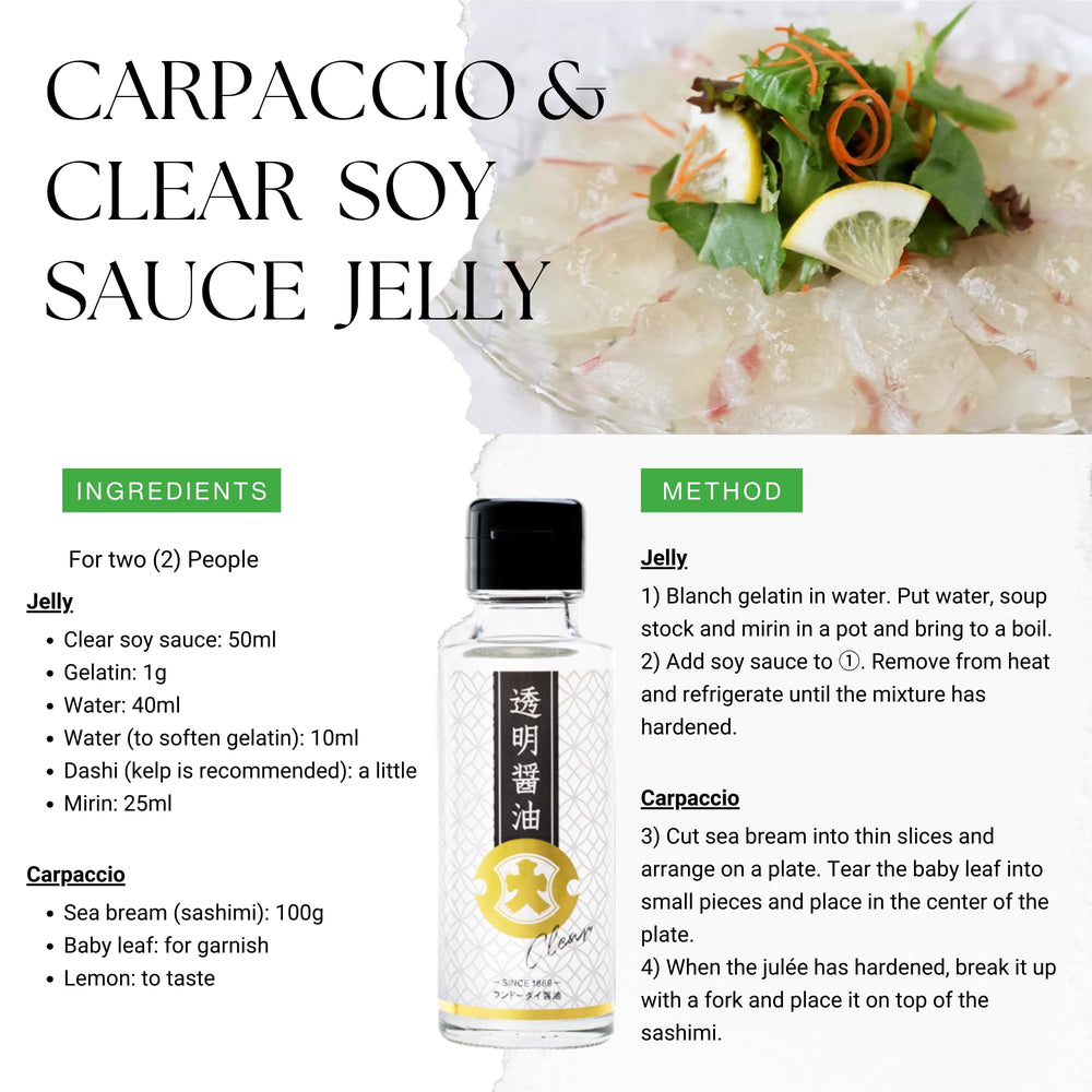 Fundodai EX Clear Soy Sauce with soups and dressings, illustrating clean flavor without staining.