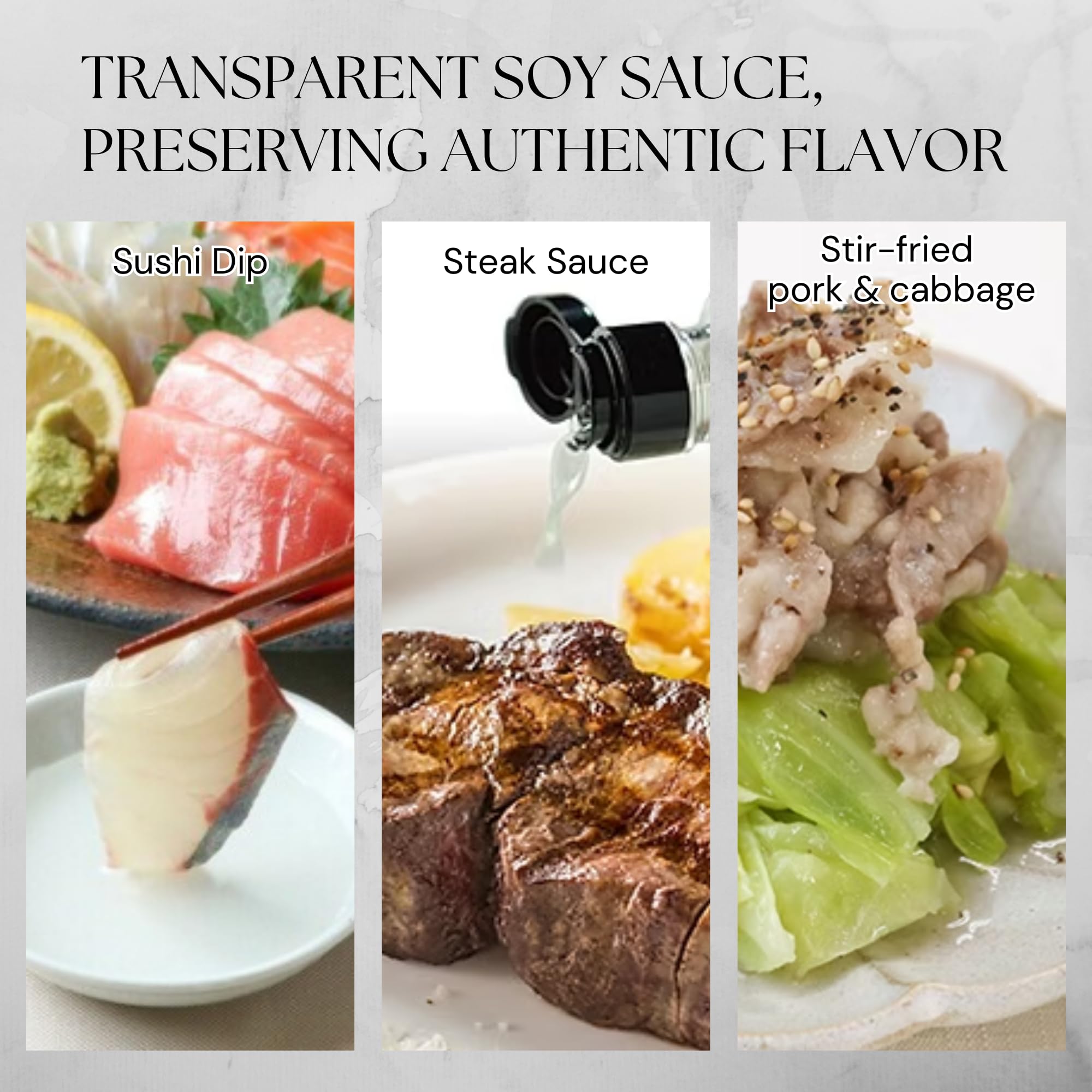 Fundodai EX Clear Soy Sauce drizzle over salad, showing color-safe seasoning for fresh ingredients.