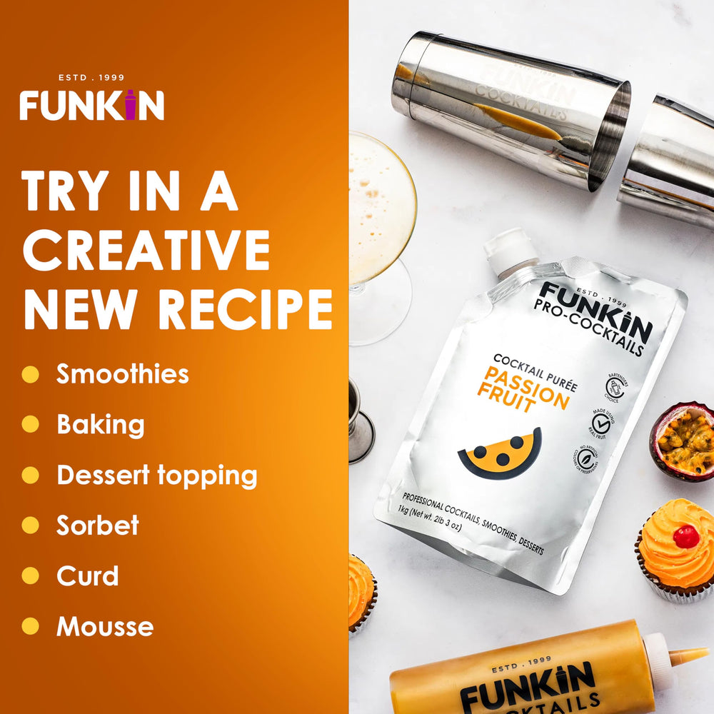 Funkin Passion Fruit Puree ice-cream pairing adds tropical notes.