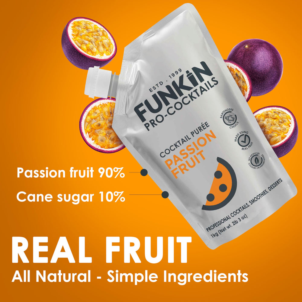 Funkin Passion Fruit Puree pour-spout enables quick, mess-free pours.