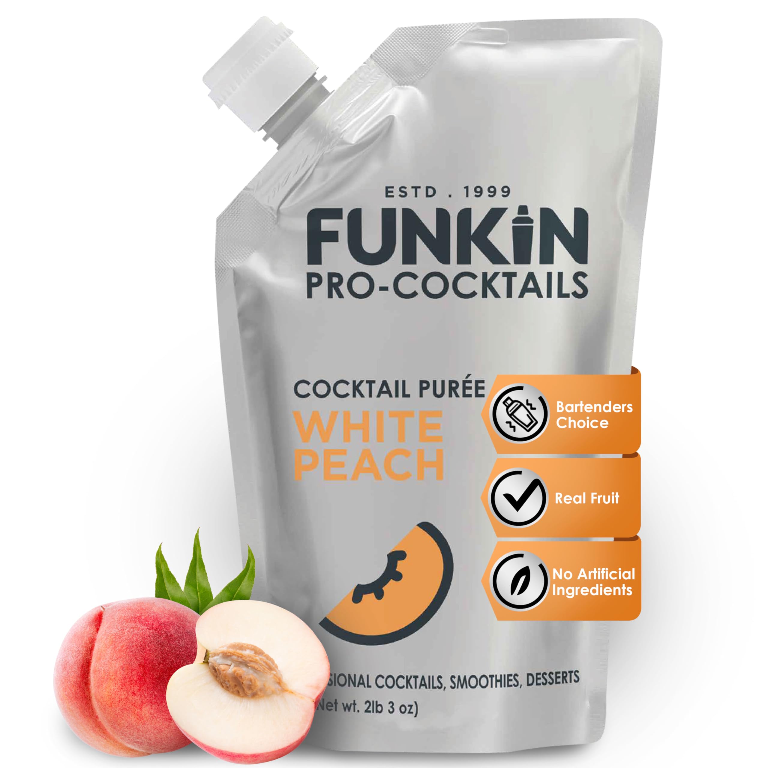 Funkin white peach puree bottle enables quick, tropical cocktails.