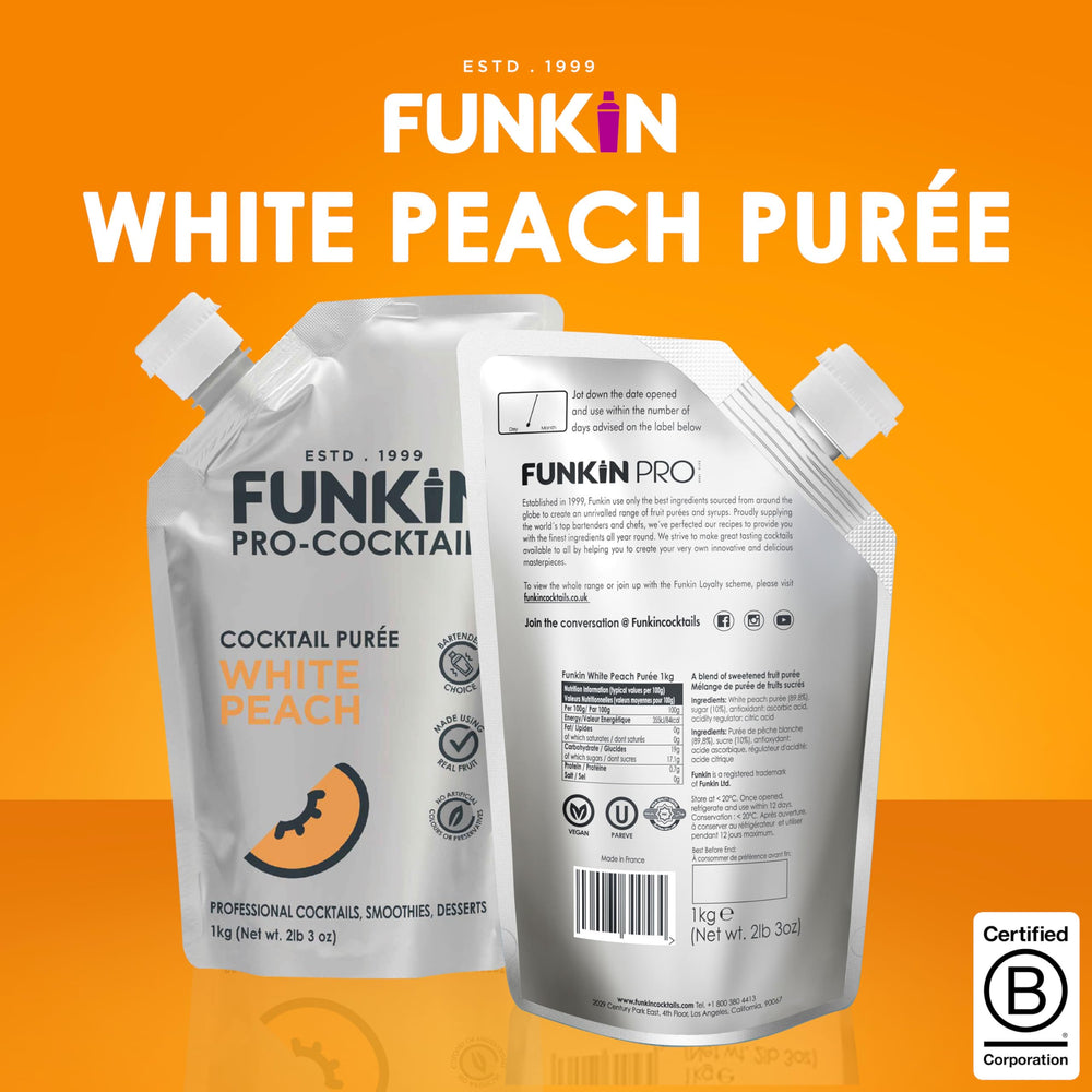 Funkin white peach puree ingredients-label closeup emphasizes clean ingredients.
