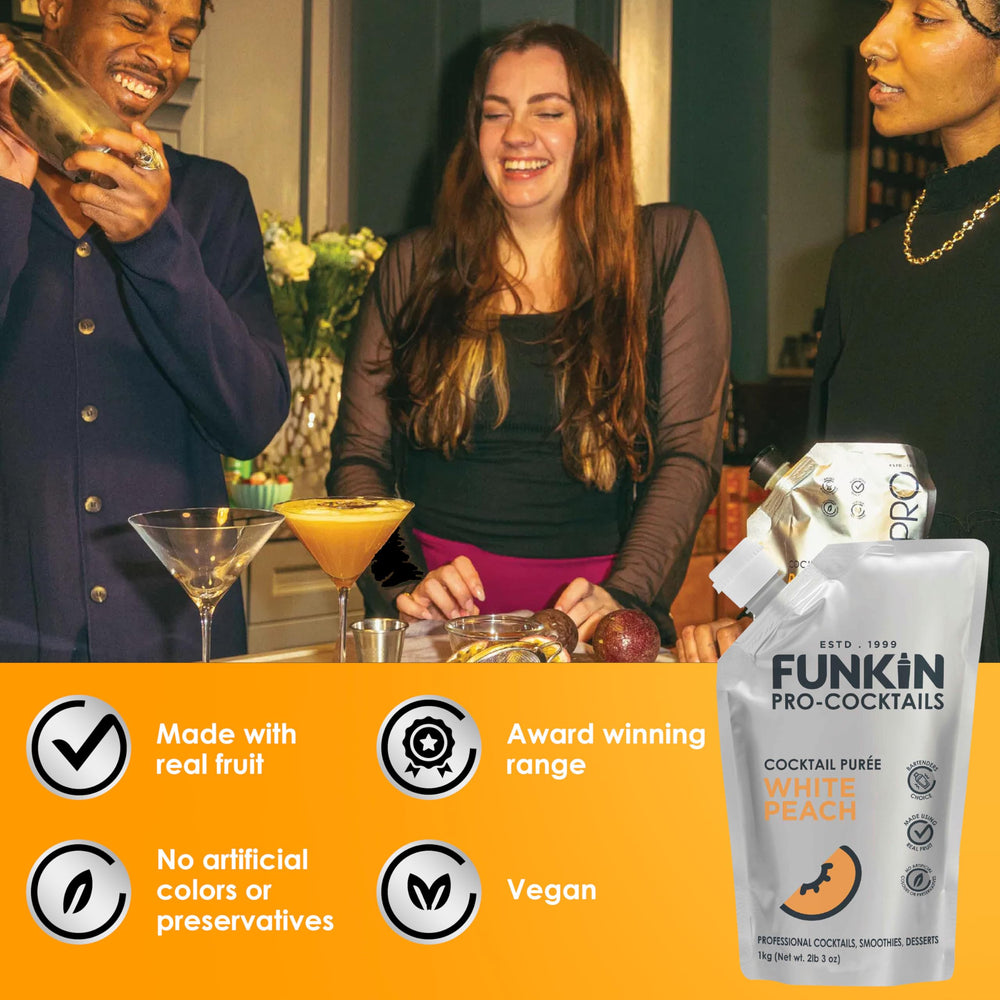 Funkin white peach puree kitchen-use spread reveals easy recipe ideas.