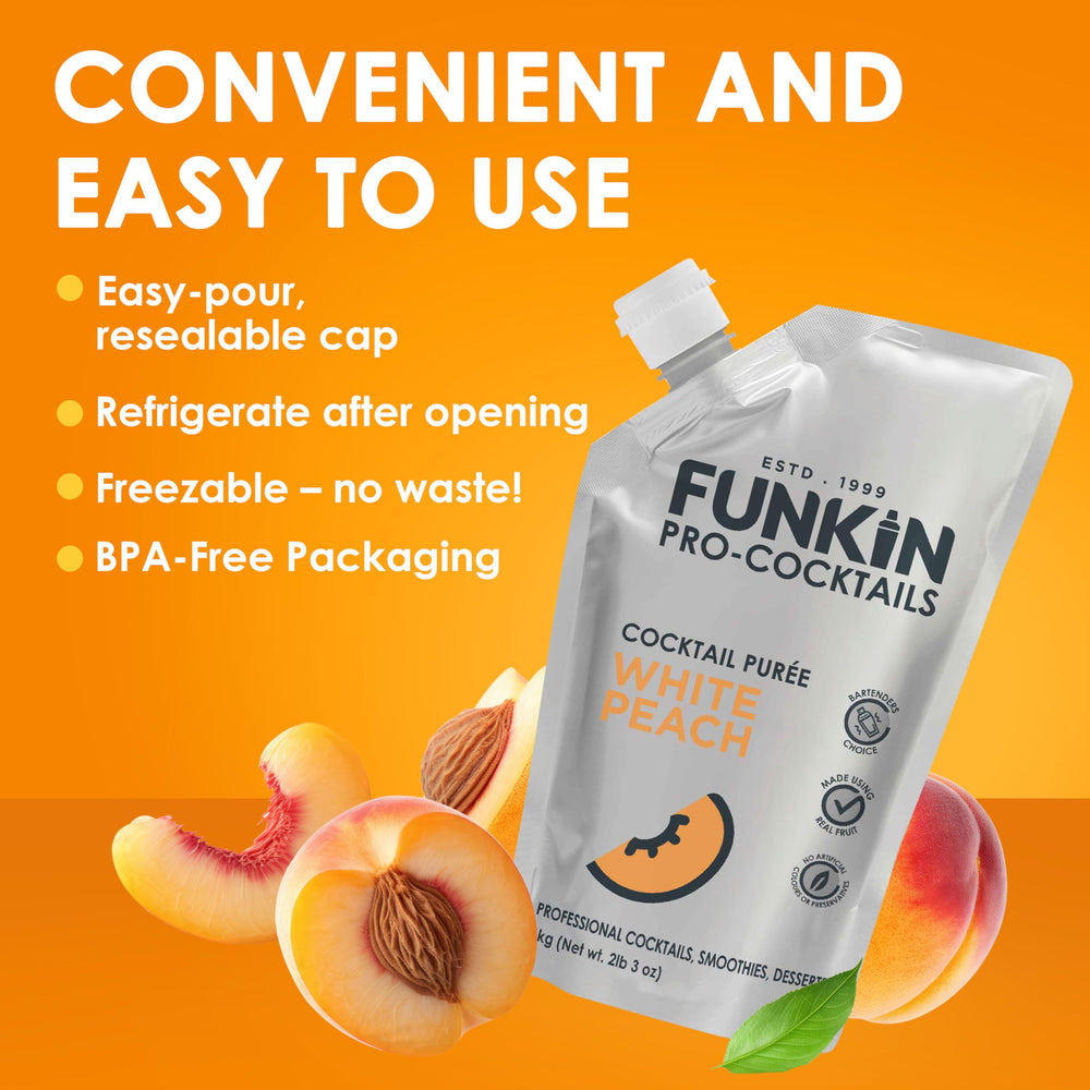 Funkin white peach puree tropical-juice closeup evokes summer drinks.