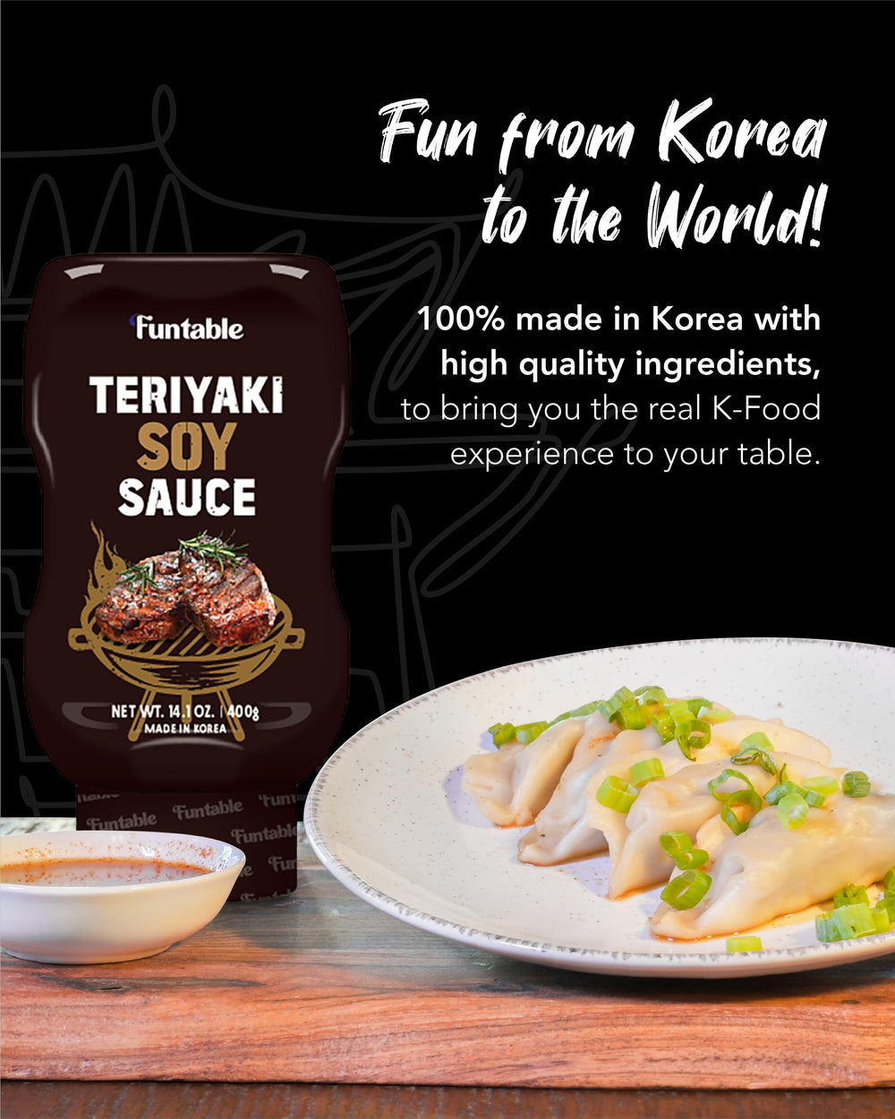Pouring Funtable Teriyaki sauce to glaze a skillet.