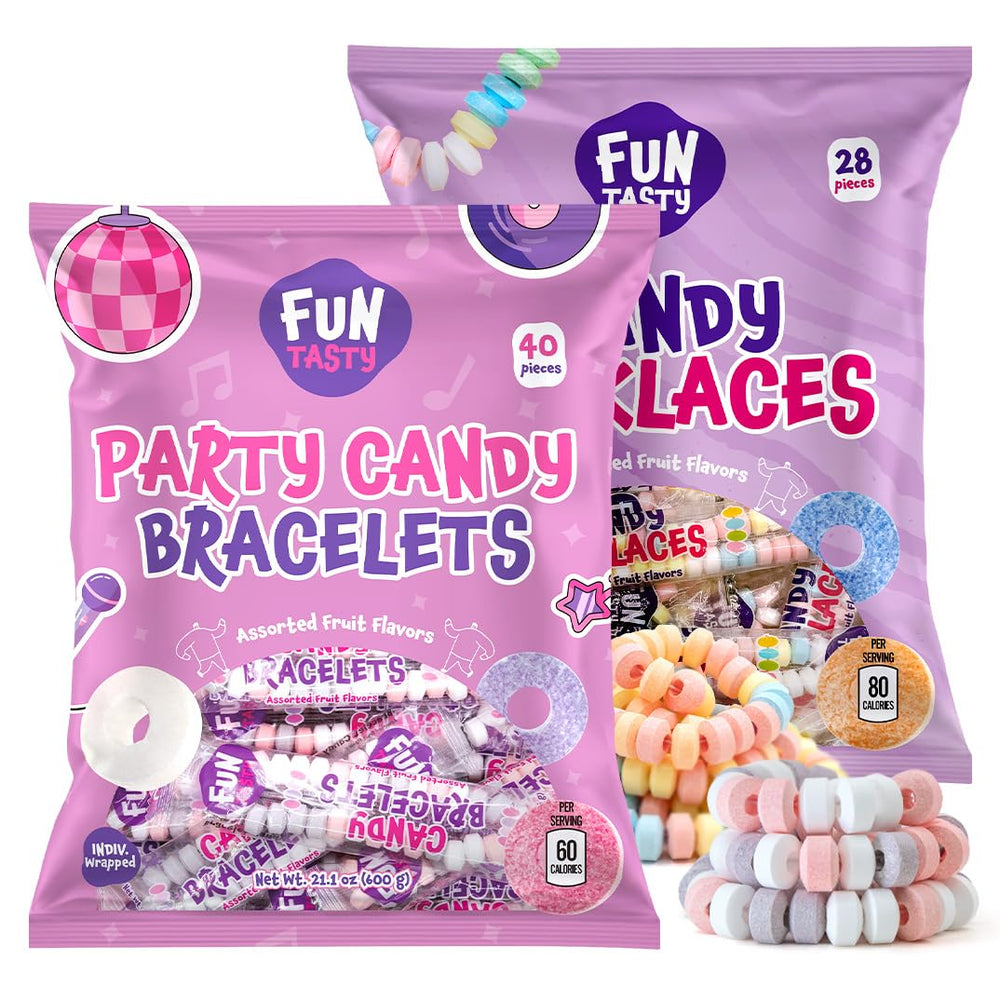 FUNTASTY candy bracelets and necklaces on display, wearable treats for party favors and photos.