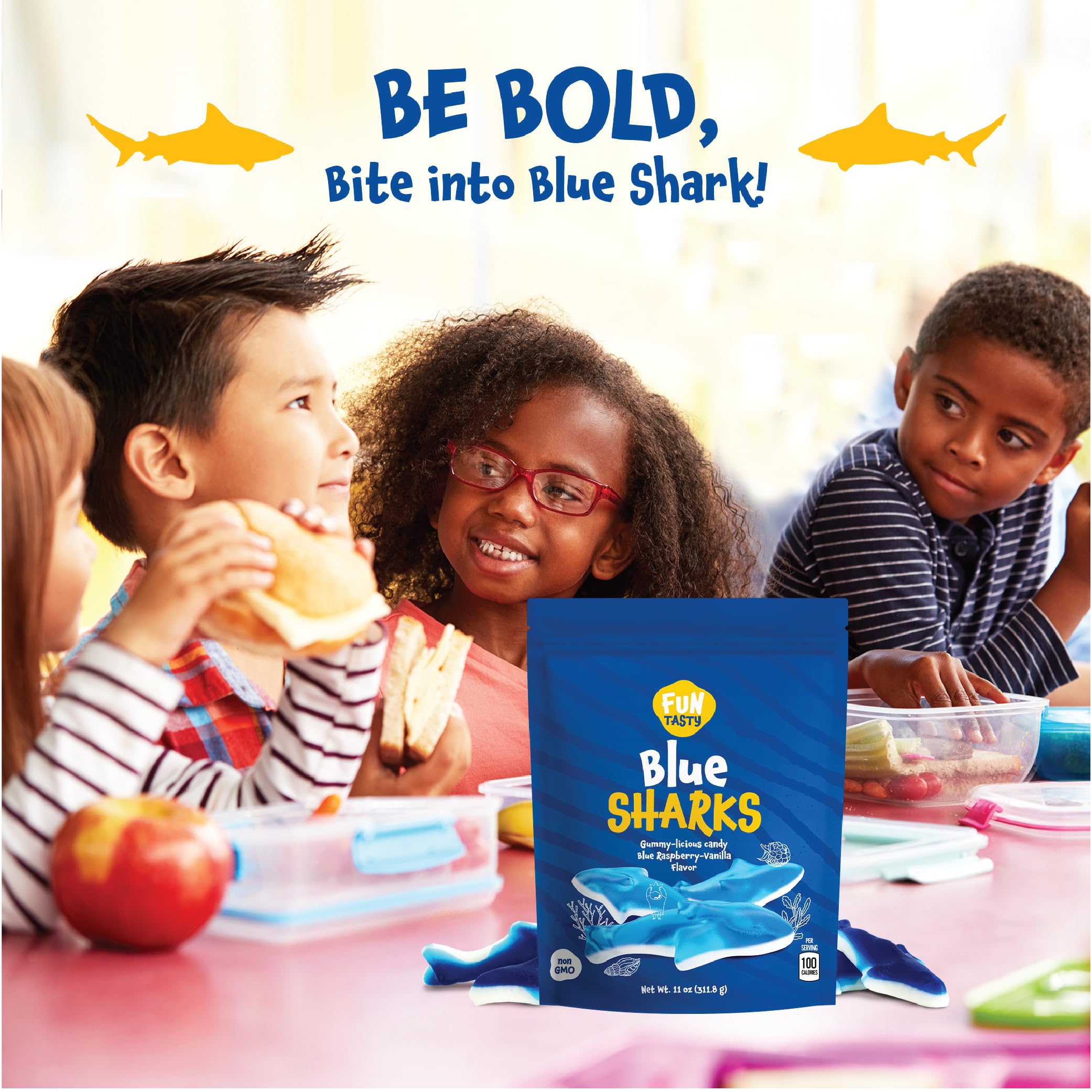 FUNTASTY candy buffet display featuring blue shark gummies.