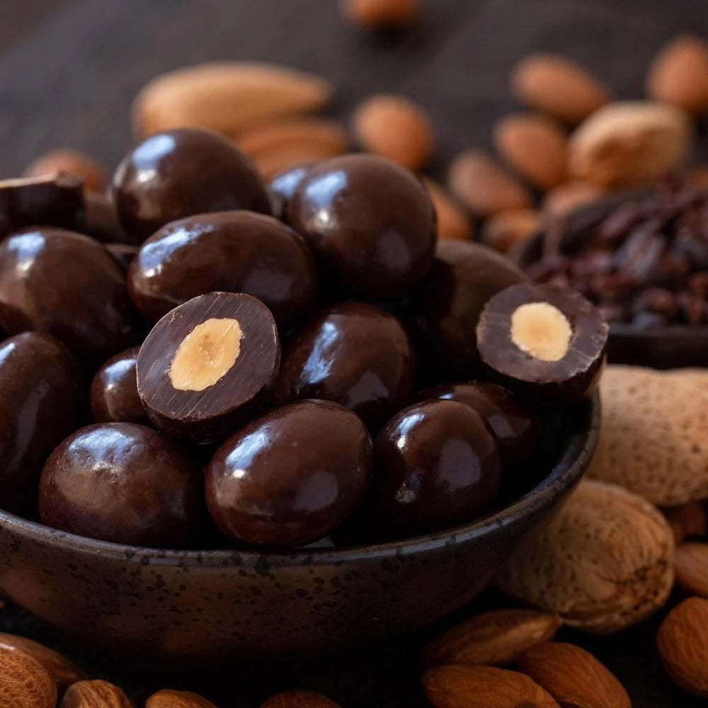 FUNTASTY dark chocolate almonds gifted in a stylish host basket for celebrations