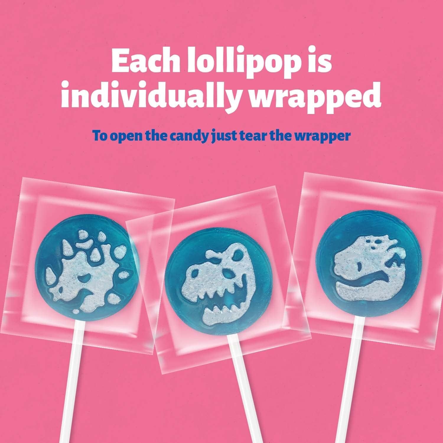 FUNTASTY Dinos Lollipops five dinosaur tattoo varieties shown on sticks.