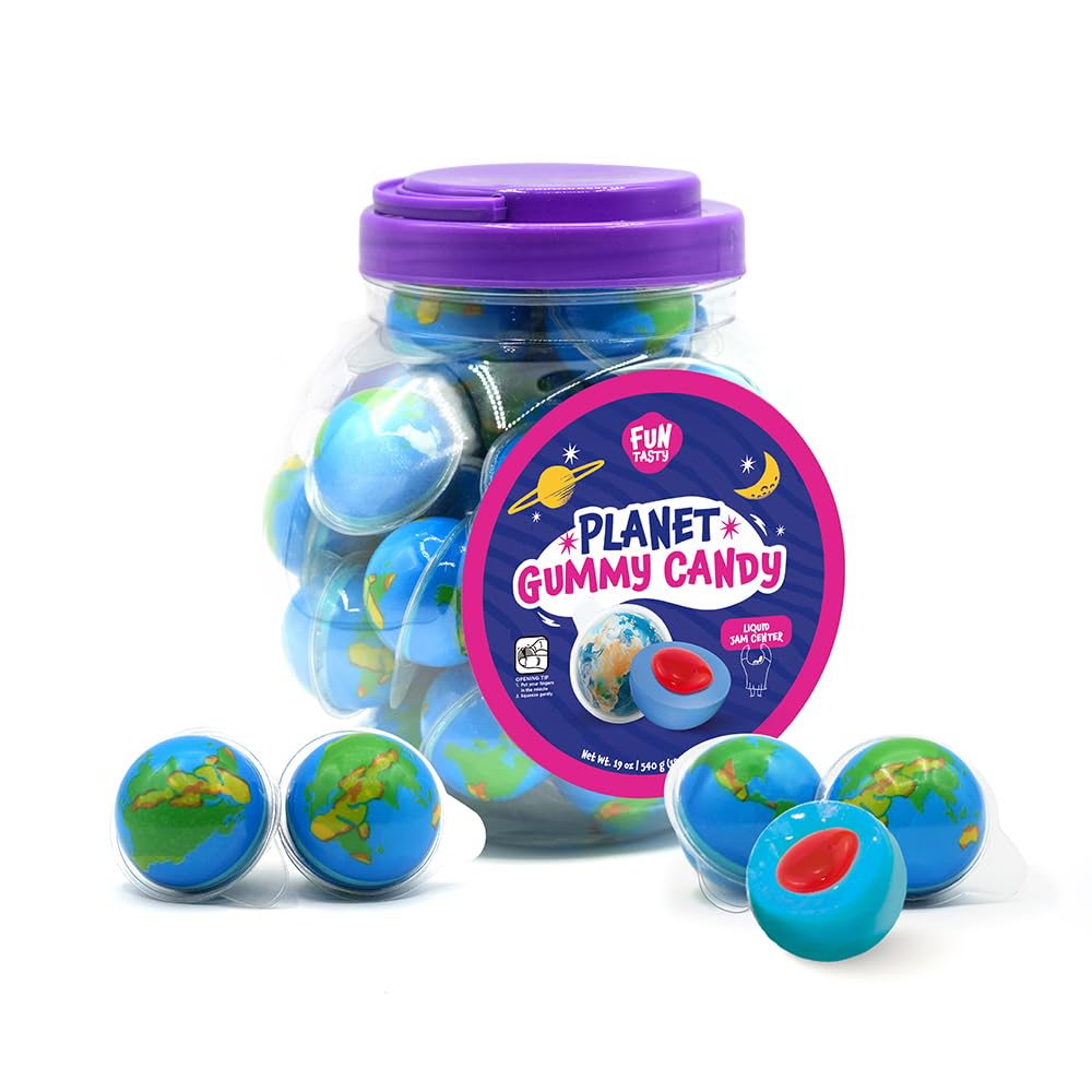 FUNTASTY Earth Balls jar-front with vibrant gummies for festive party favors.