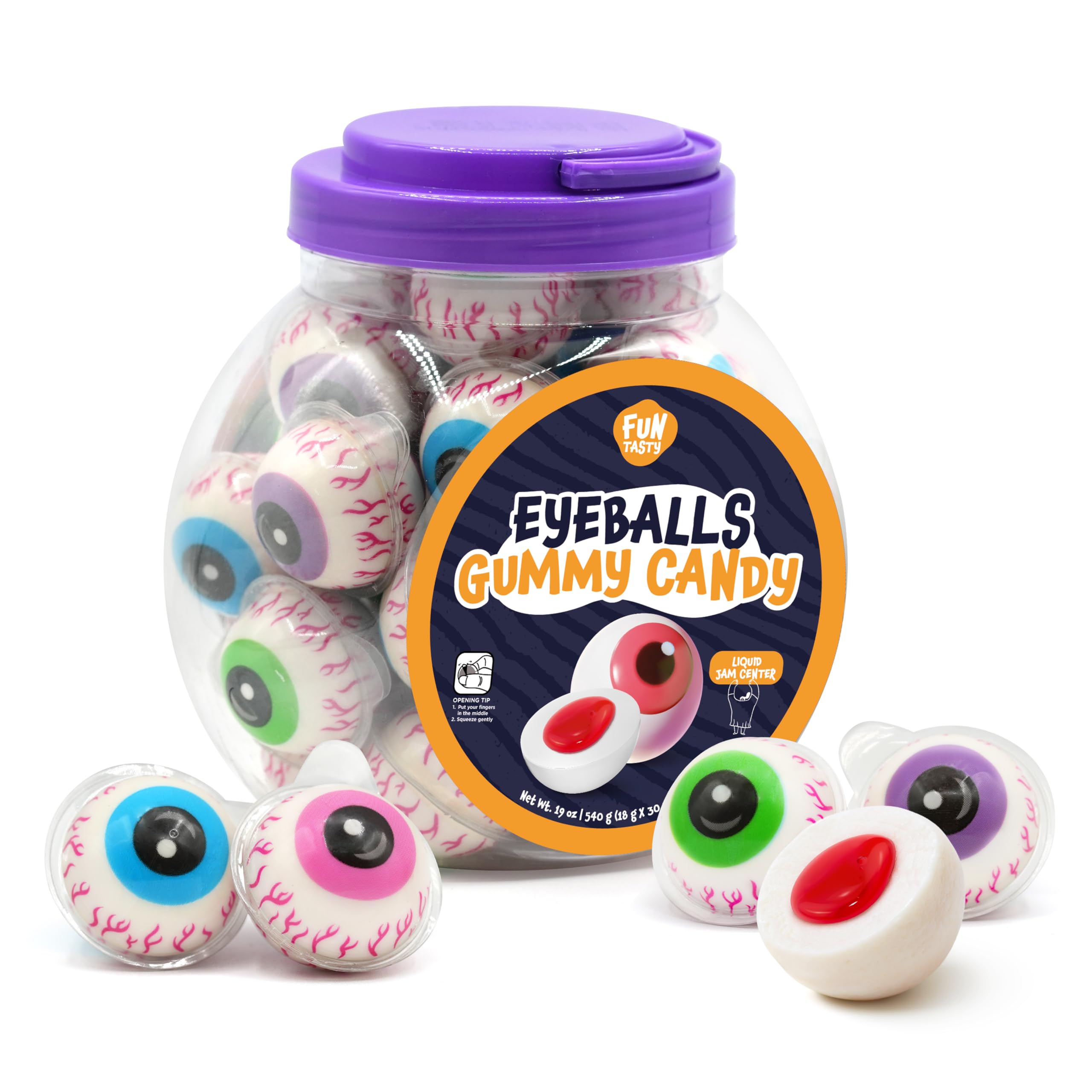 Funtasty Eyeballs Gummy Candy jar front view, ideal spooky candy for party favors.