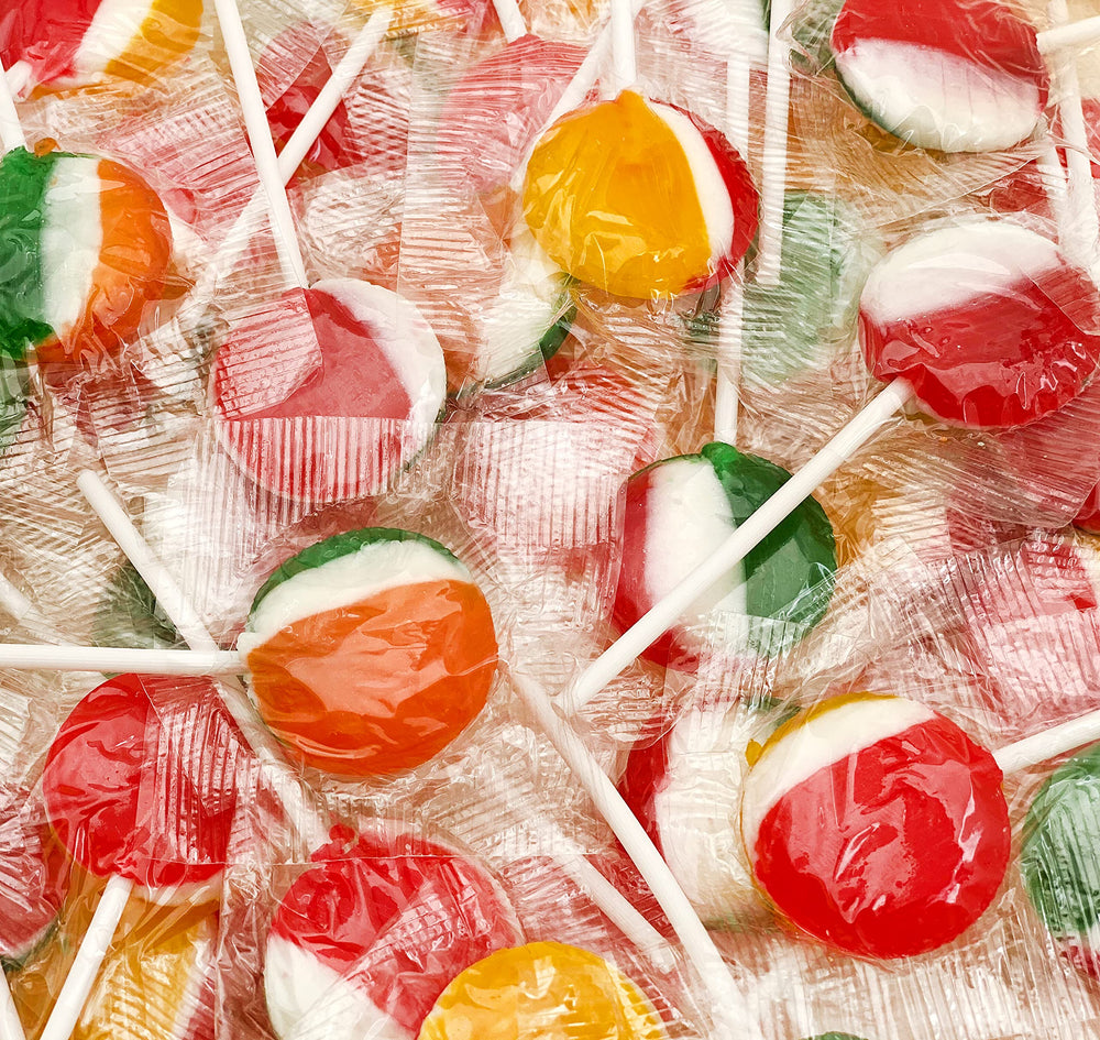 FUNTASTY fruit lollipops in a 2lb bulk pack, ready for parties and events.