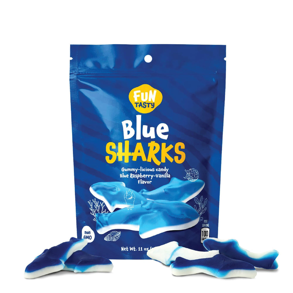FUNTASTY Gummy Sharks bag displaying blue shark candy, ideal for gifting.
