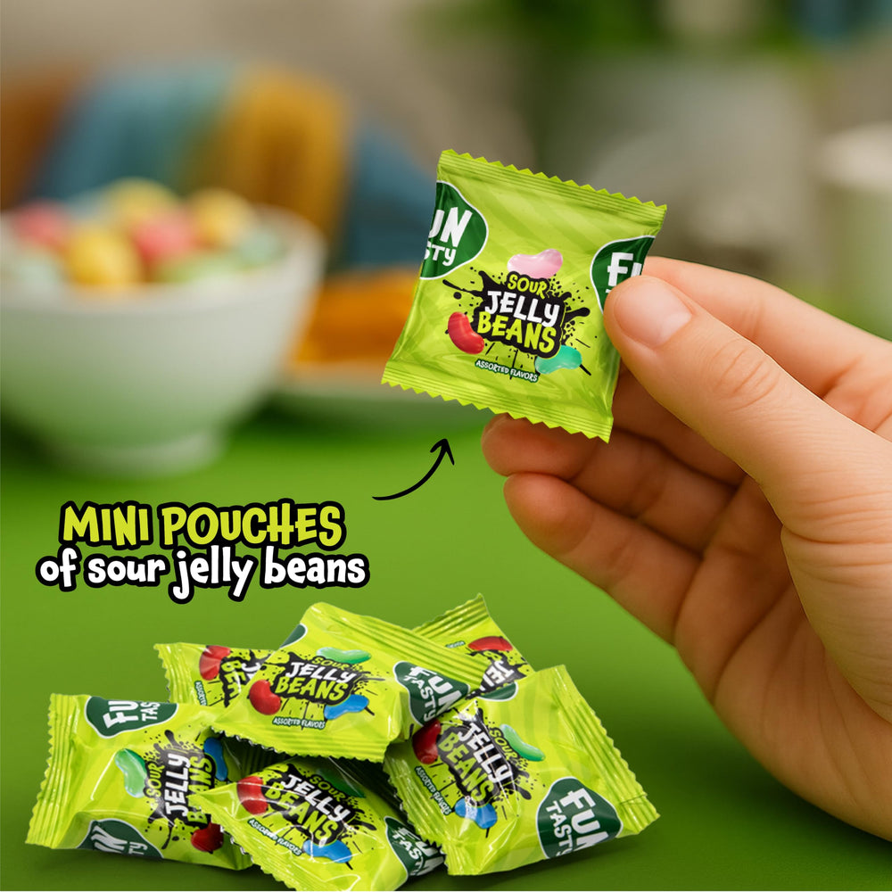Party favor pack featuring sour jelly beans for celebrations and gifting.