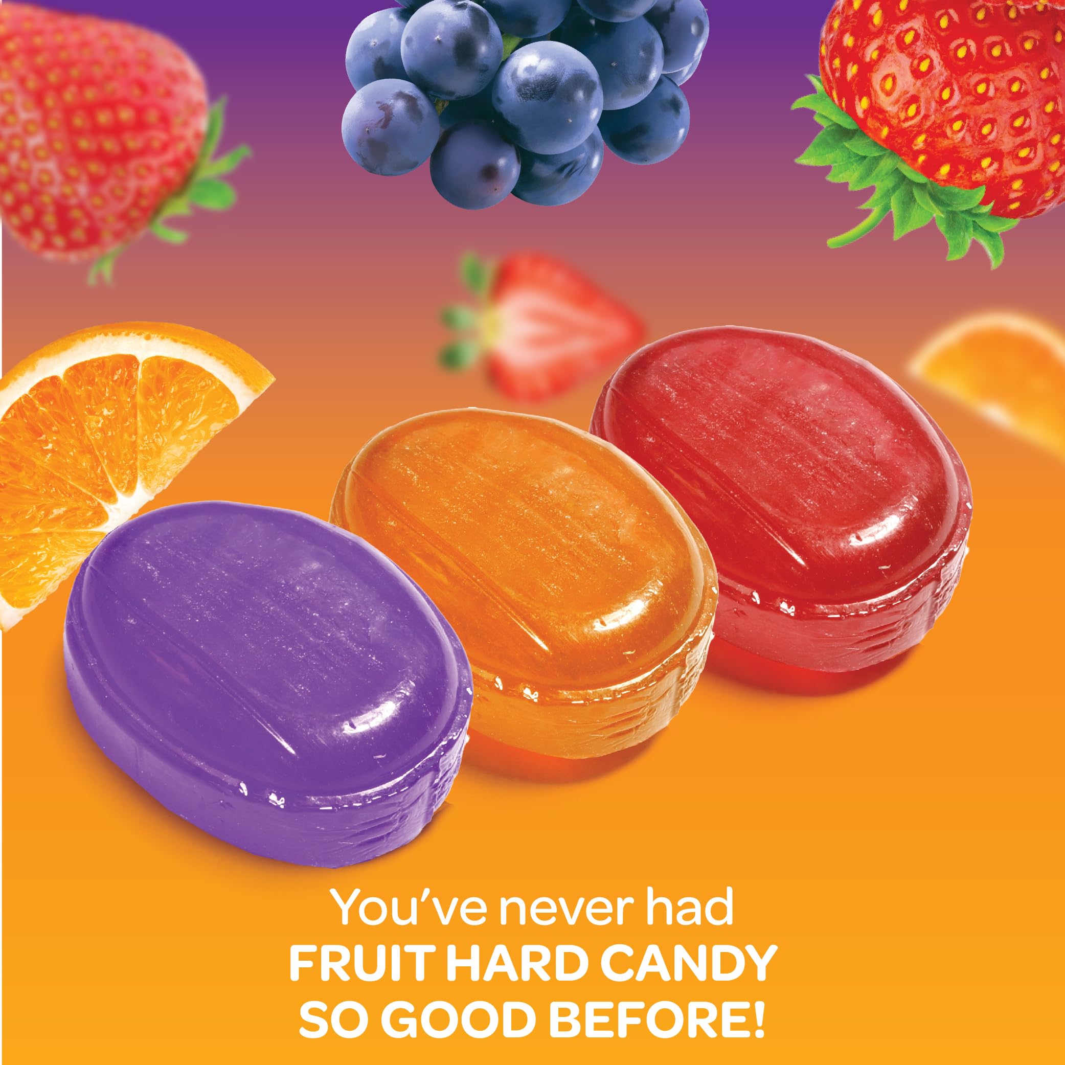 FUNTASTY Assorted Fruit Drops orange, strawberry, grape, and cherry—great for sharing.