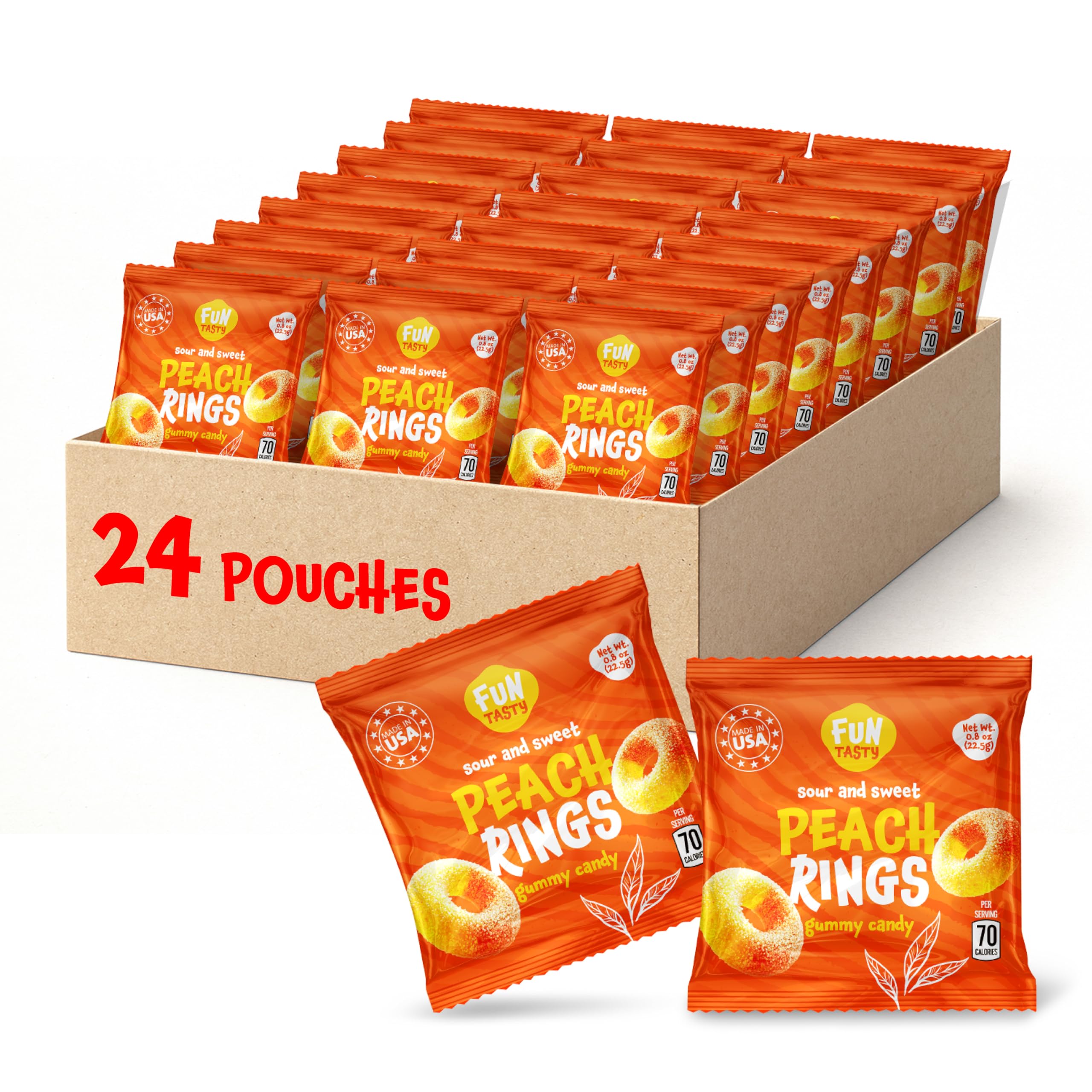FUNTASTY Peach Rings 24-pack display with glossy gummies ready for sharing.