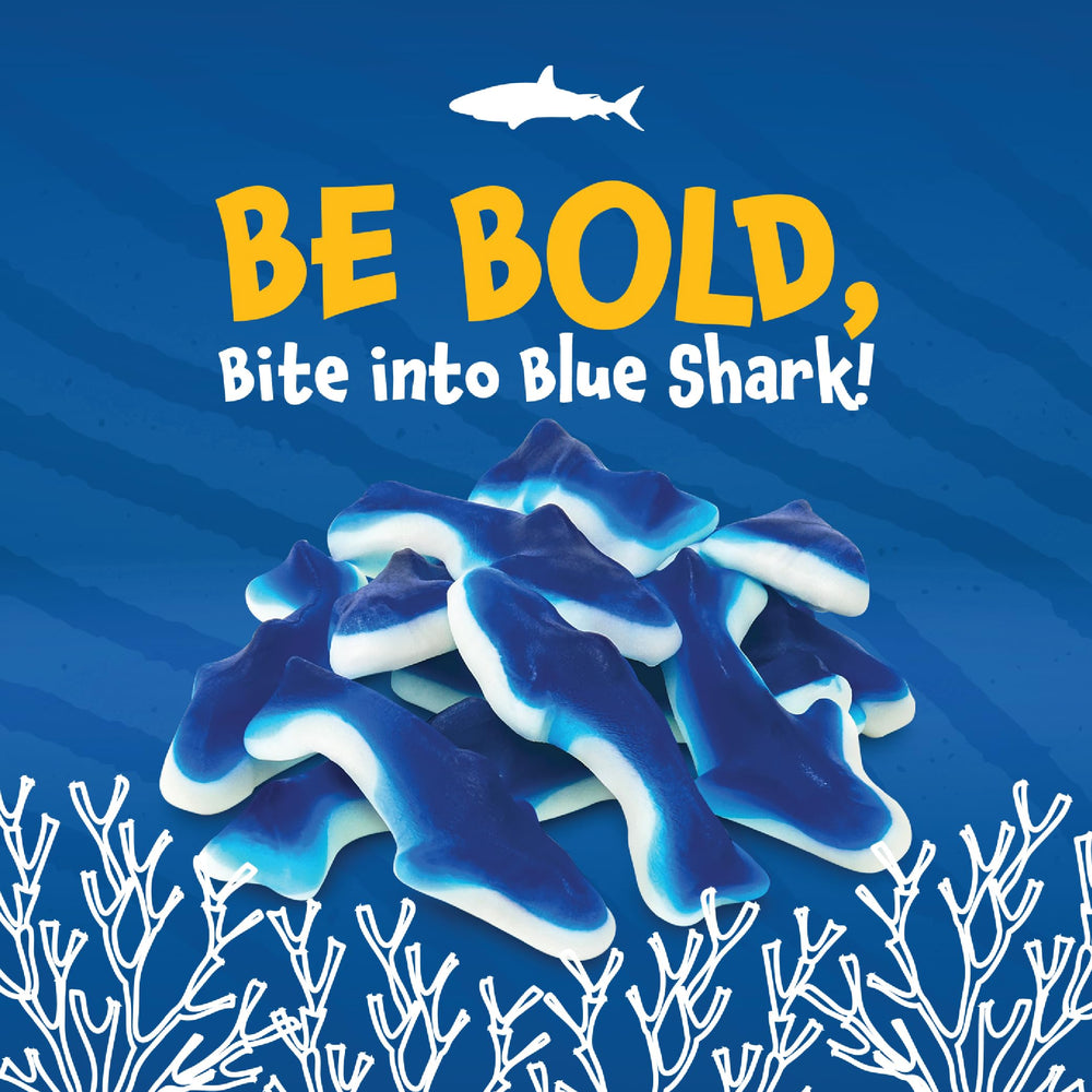 FUNTASTY shark-shaped candy with deep blue color for dessert displays.