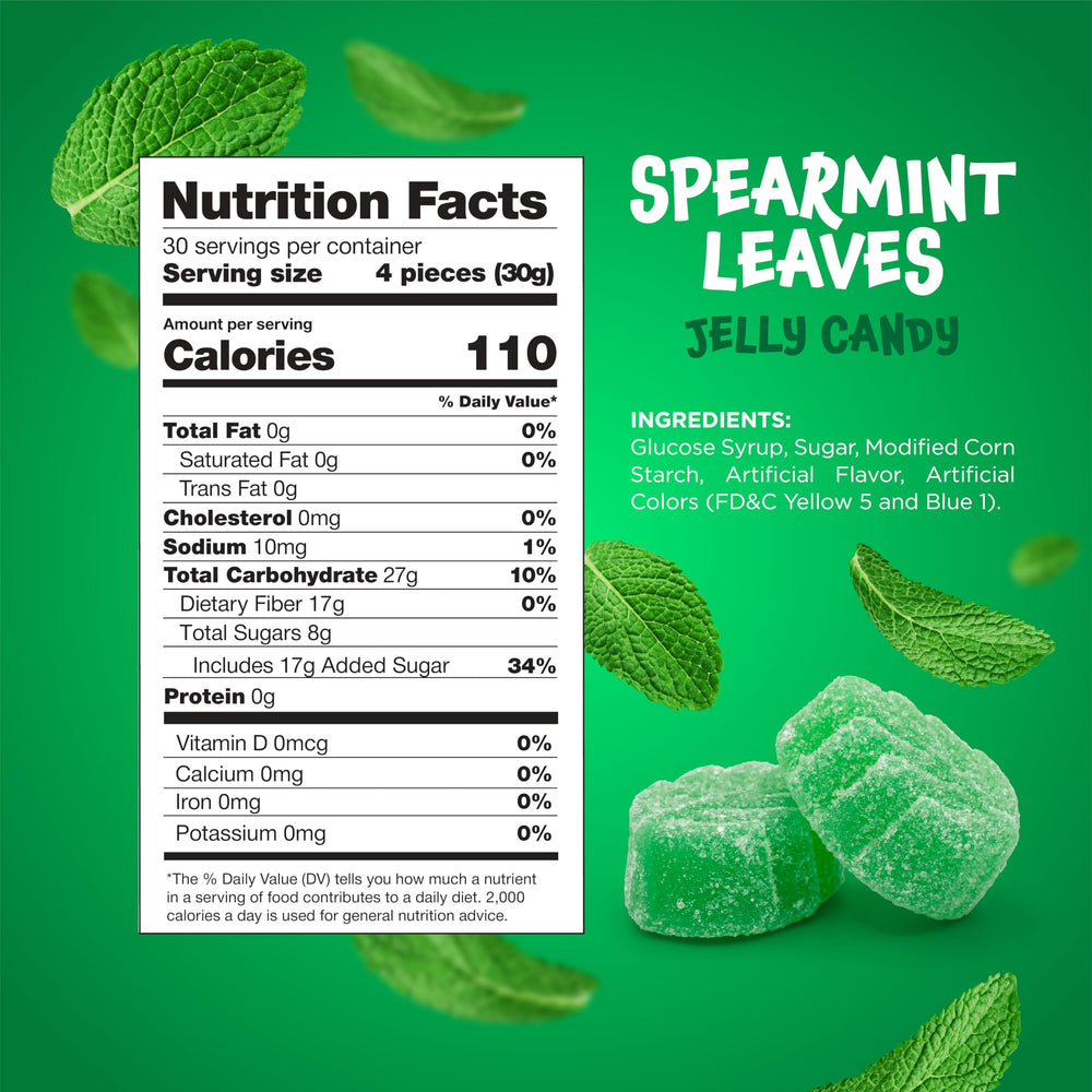FUNTASTY Spearmint Leaves Candy close-up reveals soft chewy texture for snacking.