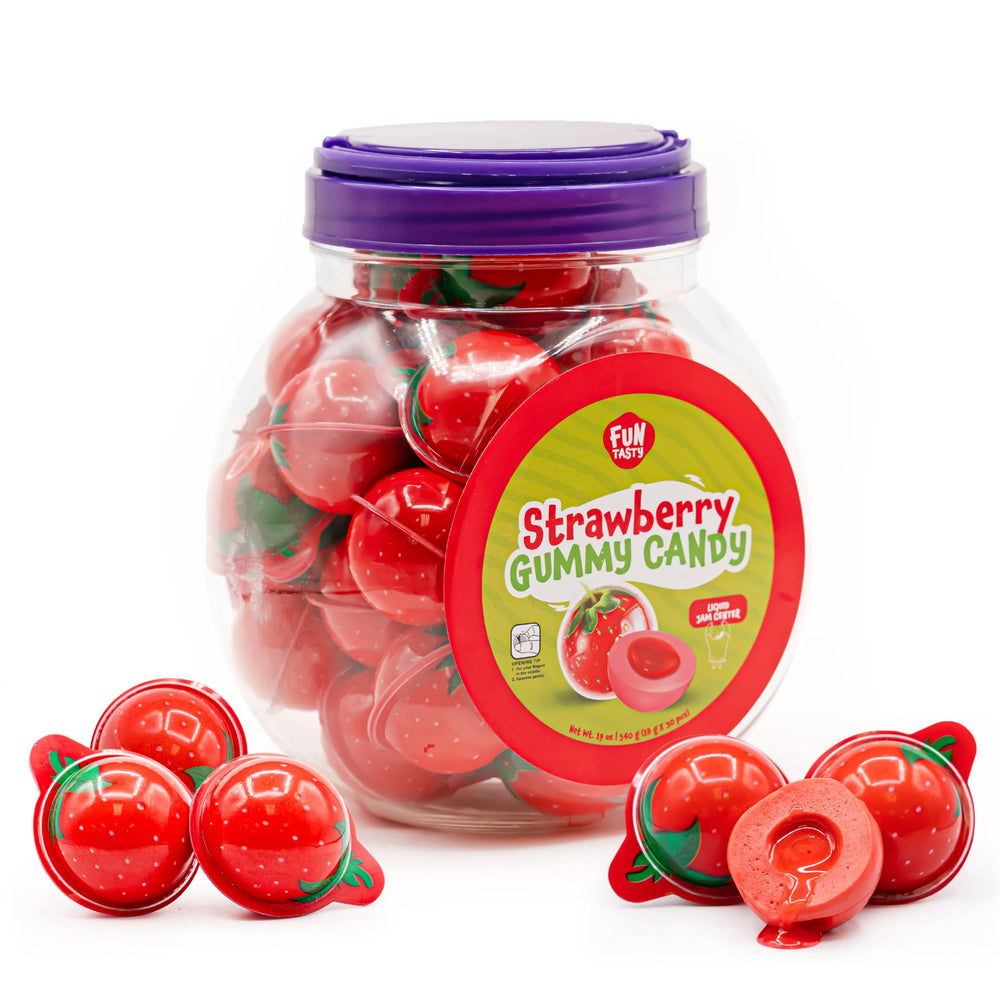 FUNTASTY Strawberry Gummy Balls in a jar, a shareable candy for parties.