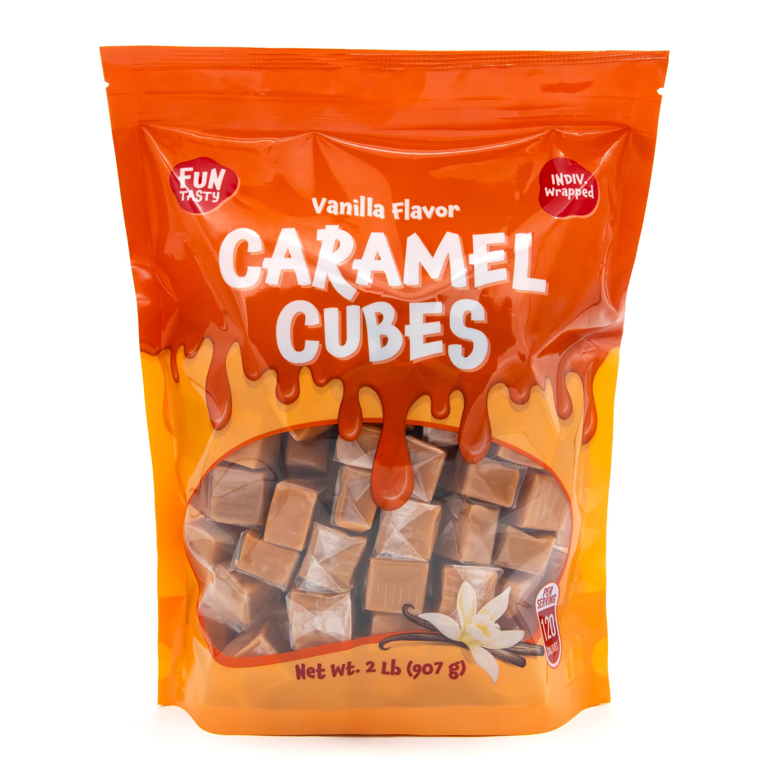 FUNTASTY vanilla caramel cubes, individually wrapped for freshness.