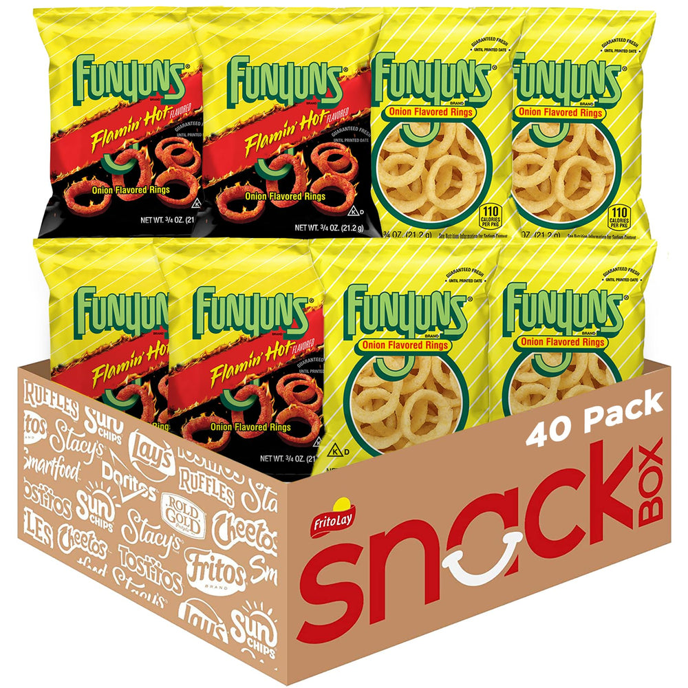 Funyuns variety pack with 40 bags of original and flaming hot rings, great for sharing