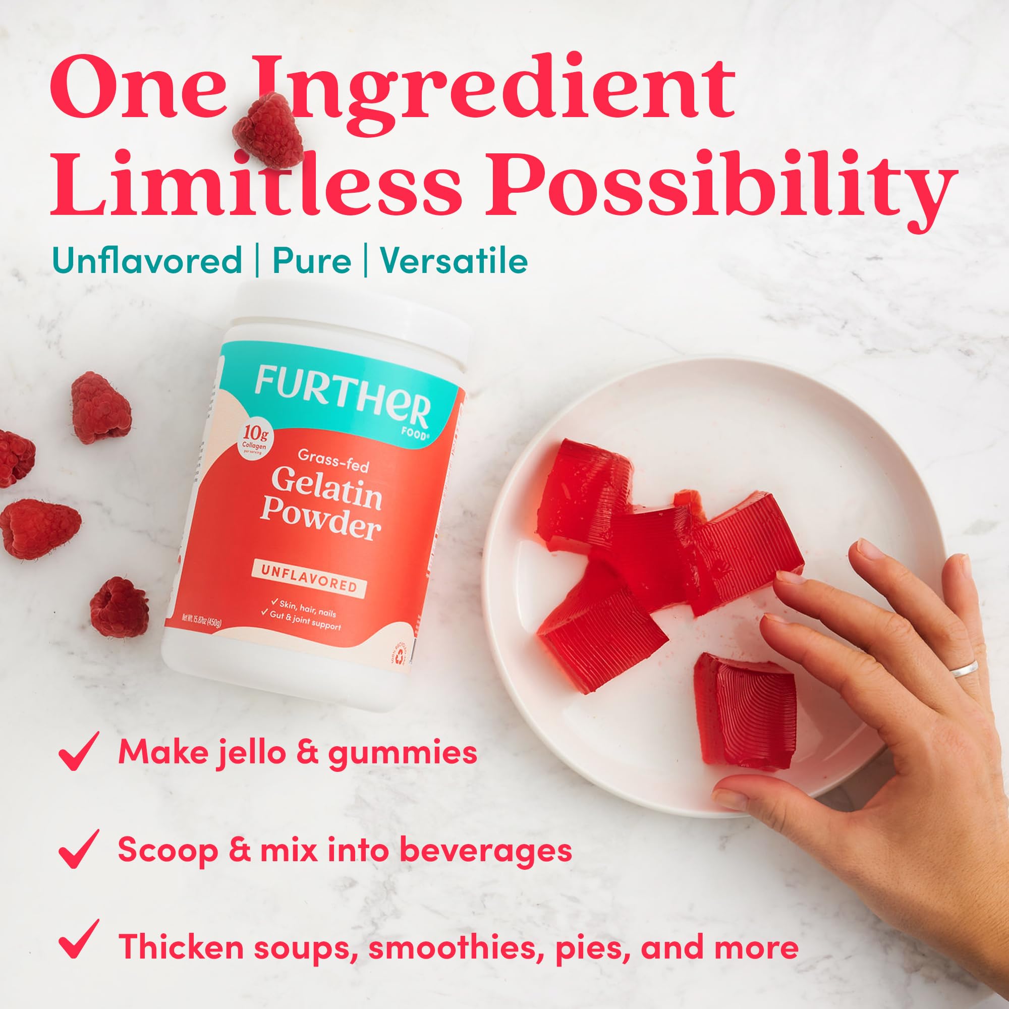 Further Food gelatin powder lab-tested seal assures purity and consistency.