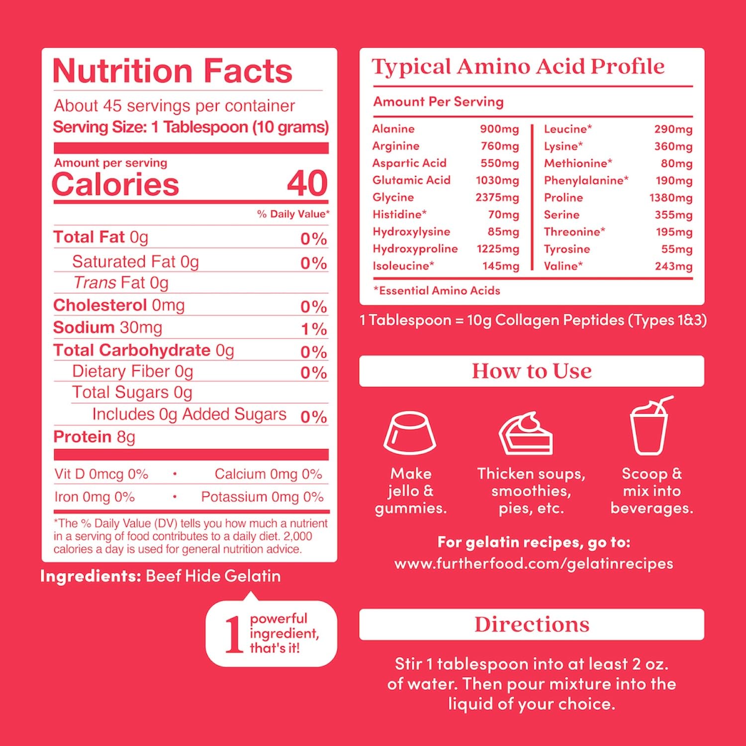 Further Food gelatin powder label closeup underscores non-GMO and sugar-free quality.