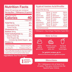 Further Food gelatin powder label closeup underscores non-GMO and sugar-free quality.
