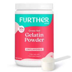 Further Food gelatin powder unflavored jar highlights grass-fed purity for clean thickening.