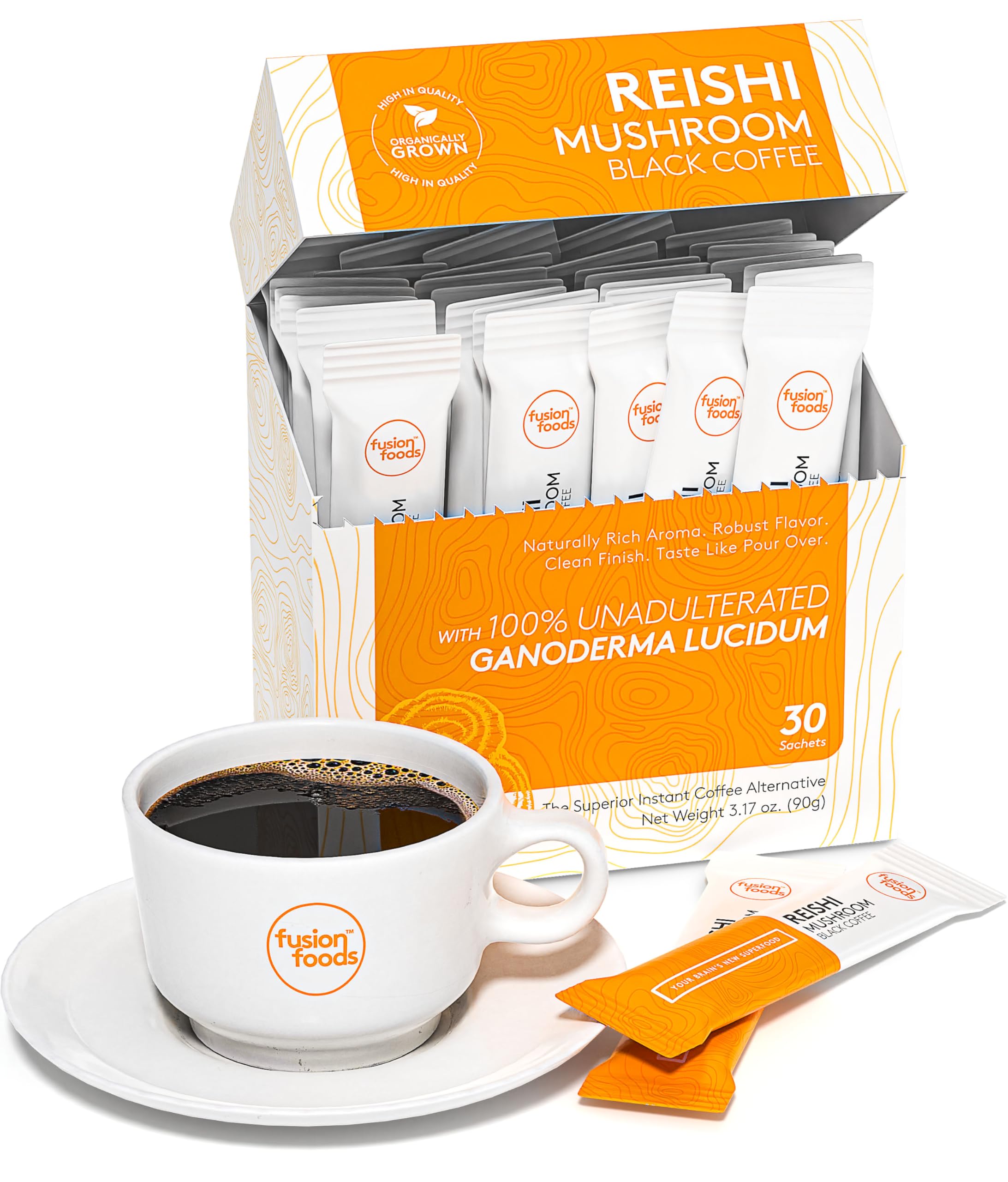 Fusion Foods Reishi coffee canister with rich aroma for a bold morning routine.