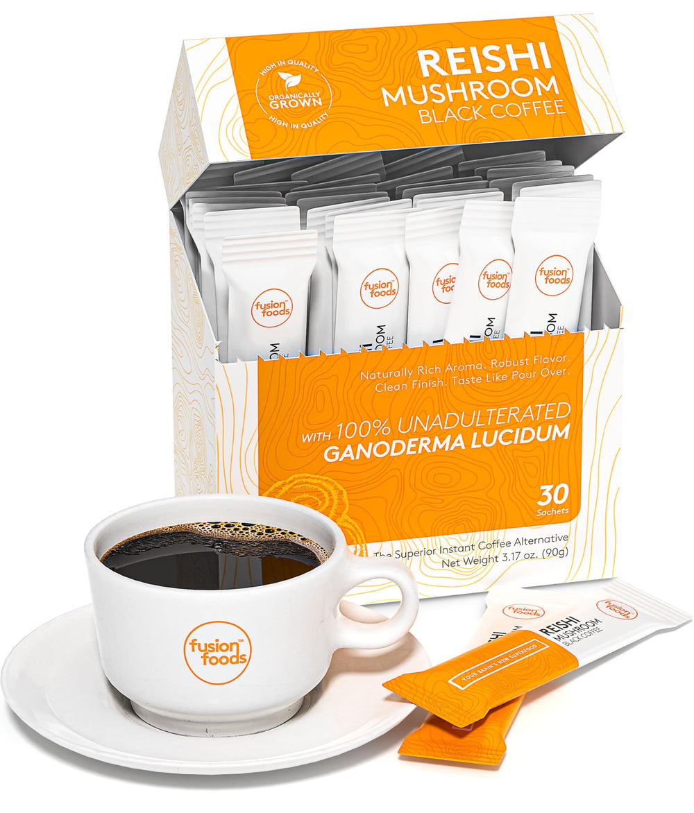 Fusion Foods Reishi coffee canister with rich aroma for a bold morning routine.
