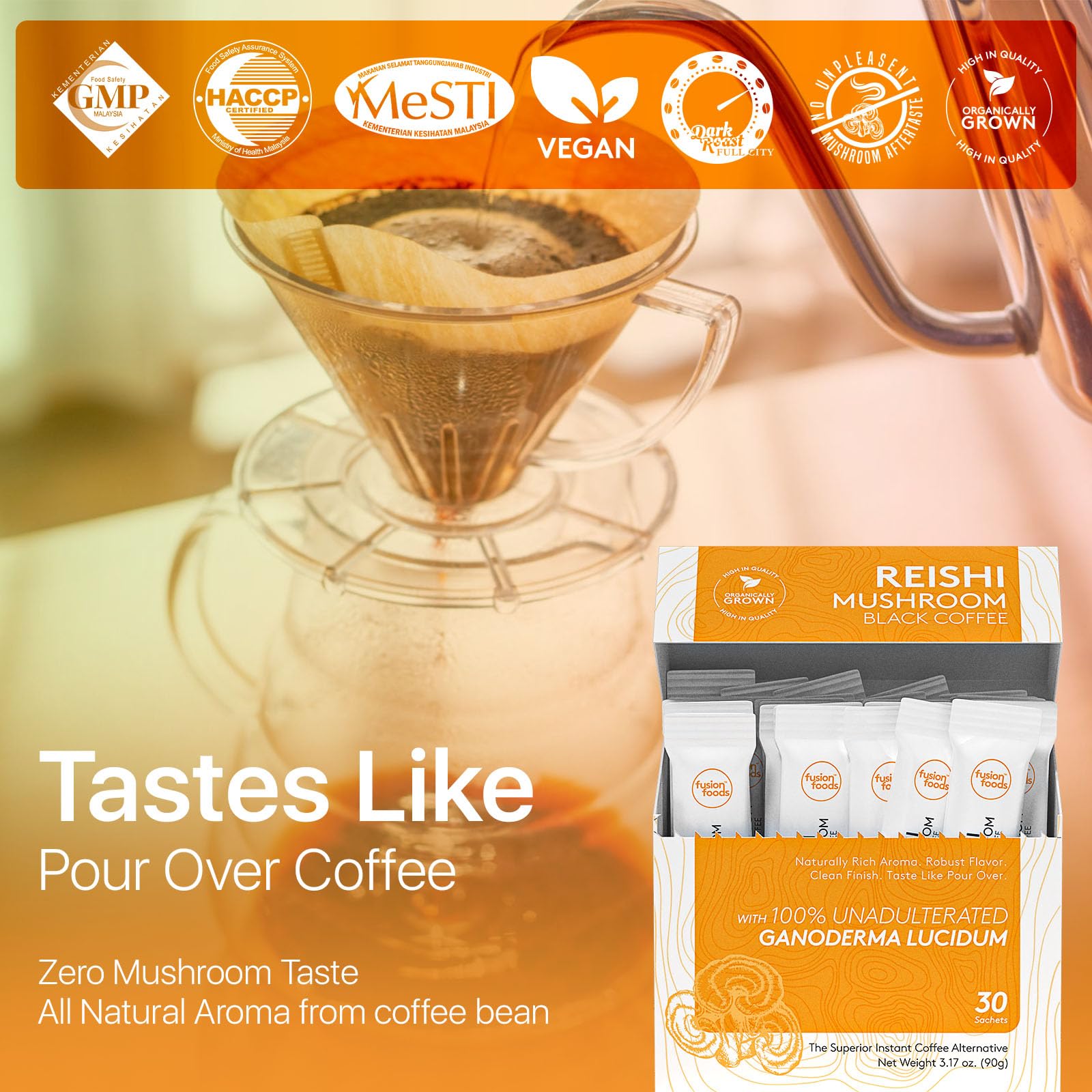 Fusion Foods Reishi coffee in cup showcases balanced flavor and energizing profile.