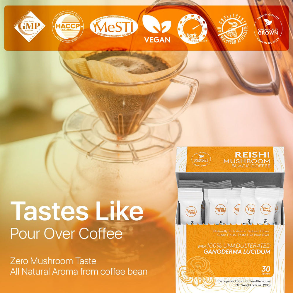 Fusion Foods Reishi coffee in cup showcases balanced flavor and energizing profile.