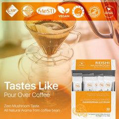 Fusion Foods Reishi coffee in cup showcases balanced flavor and energizing profile.