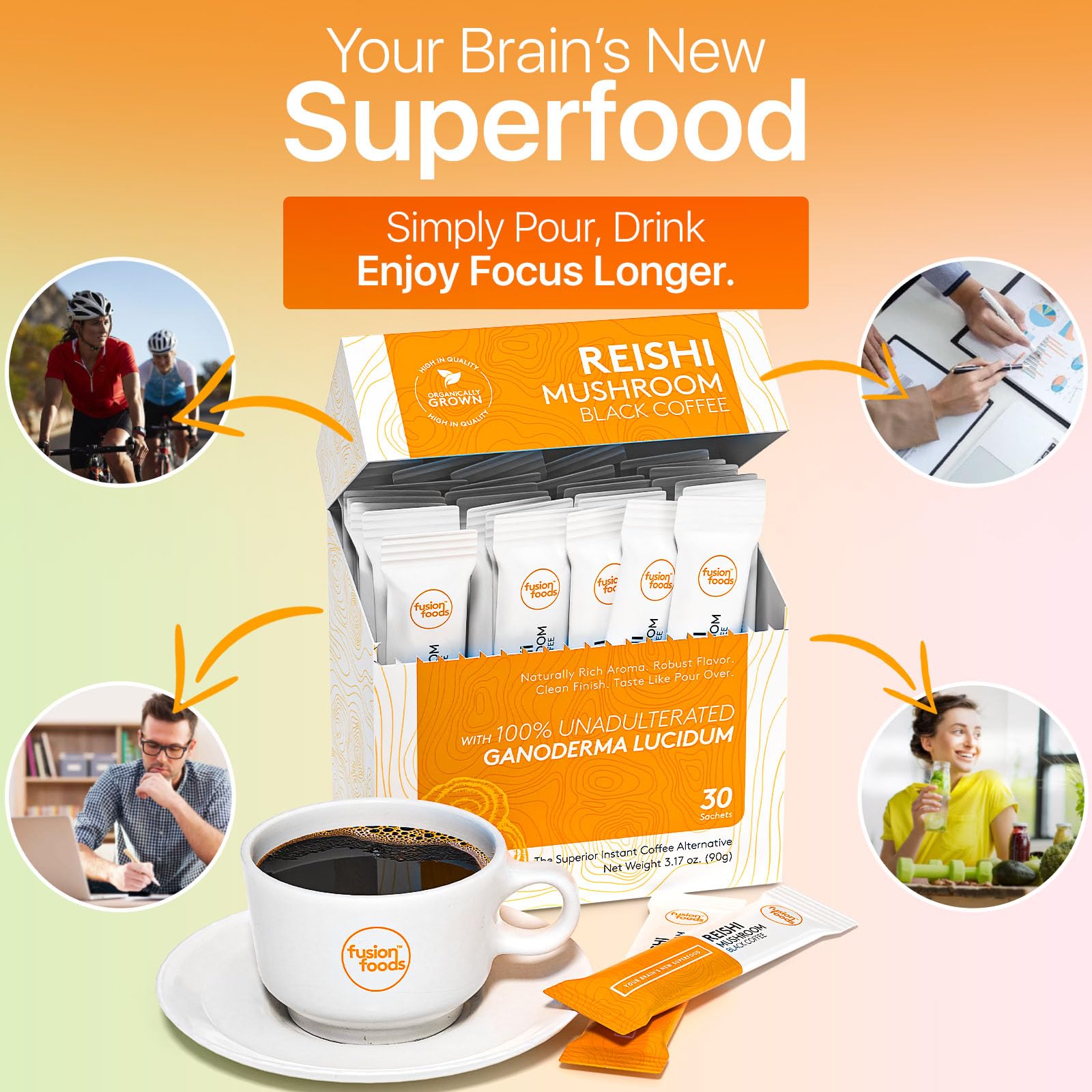Fusion Foods Reishi coffee label design signals premium, unadulterated mushroom blend.