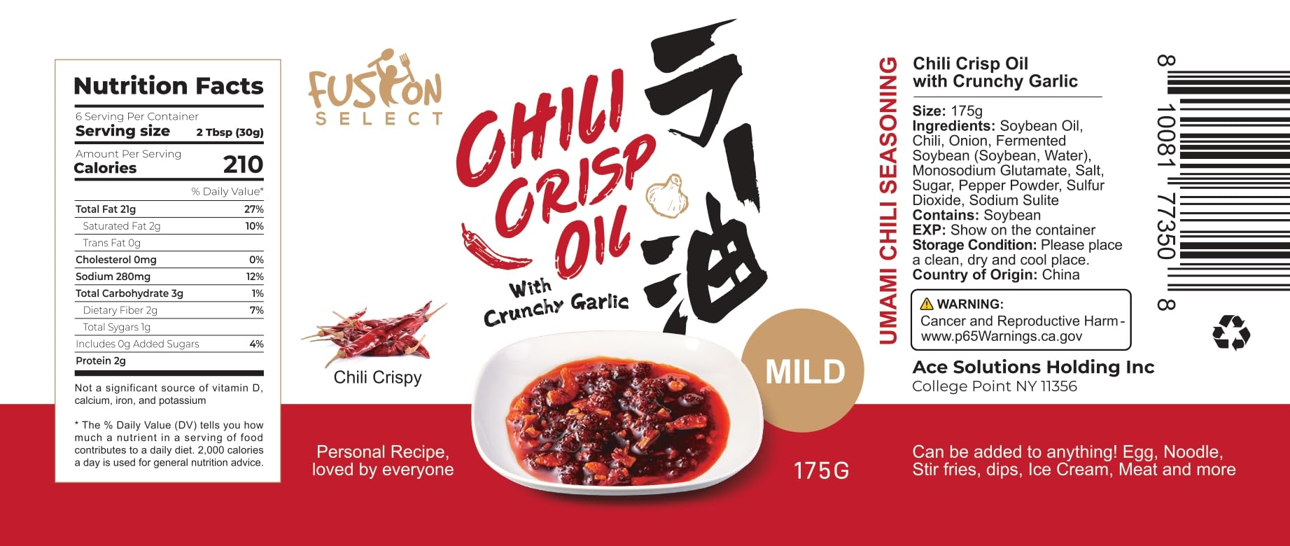 Fusion Select 175g chili crisp oil poured over noodles to boost heat and umami