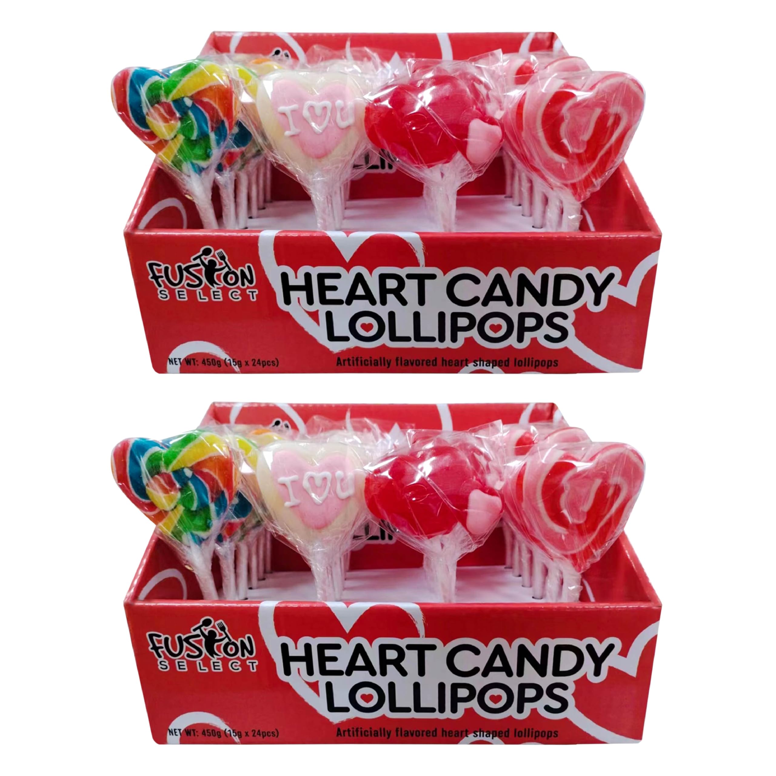 Fusion Select heart-shaped lollipops in a party-ready 48-pack for celebrations.