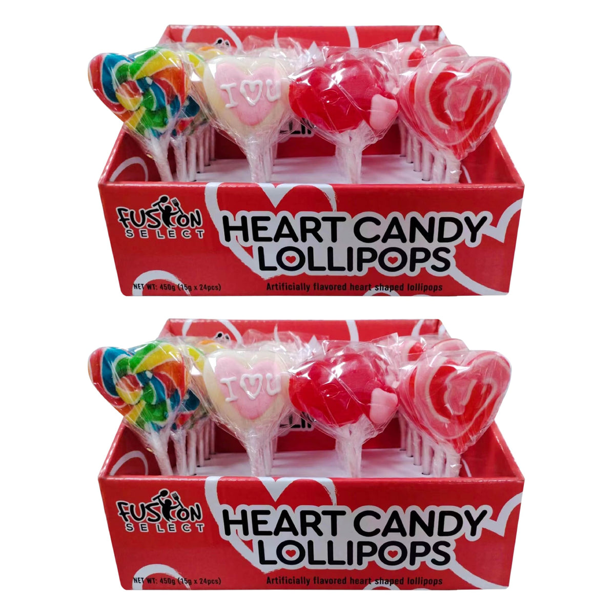 Fusion Select heart-shaped lollipops in a party-ready 48-pack for celebrations.