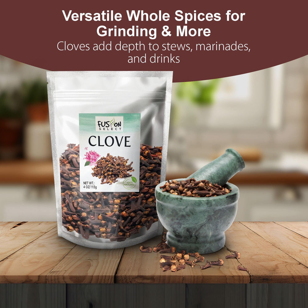 Fusion Select 4oz whole cloves packaging emphasizes freshness and convenient storage