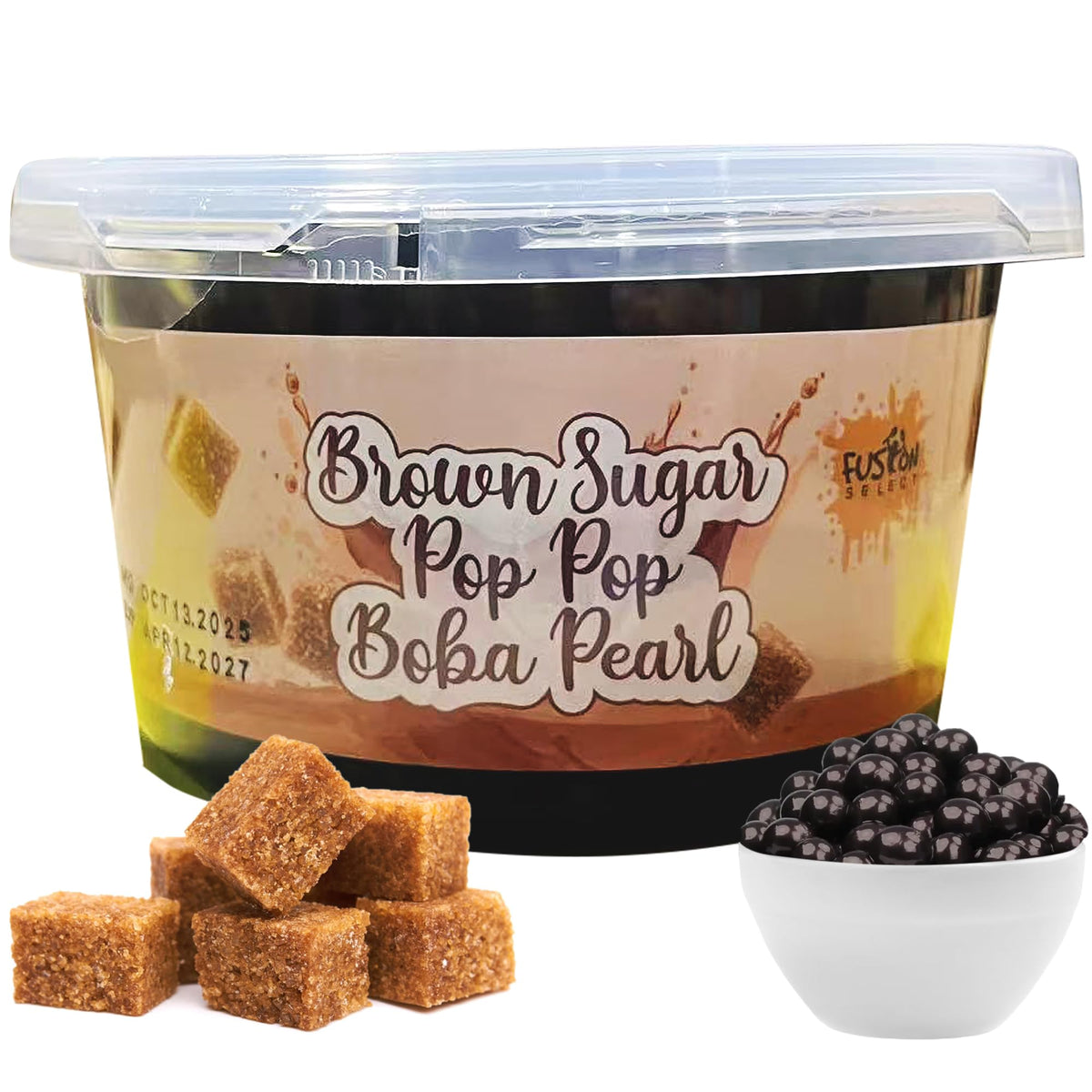 Fusion Select Boba bursting pearl close-up, juicy fruit center ideal for tea toppings.