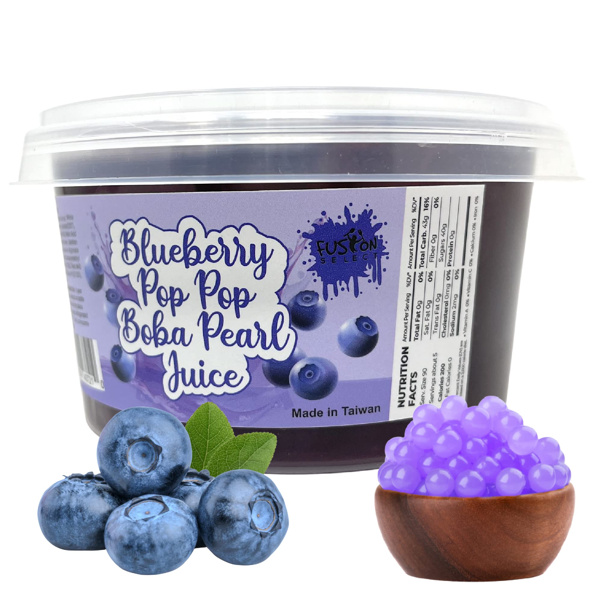 Fusion Select bursting bobaz pearls in blueberry flavor ready to top beverages