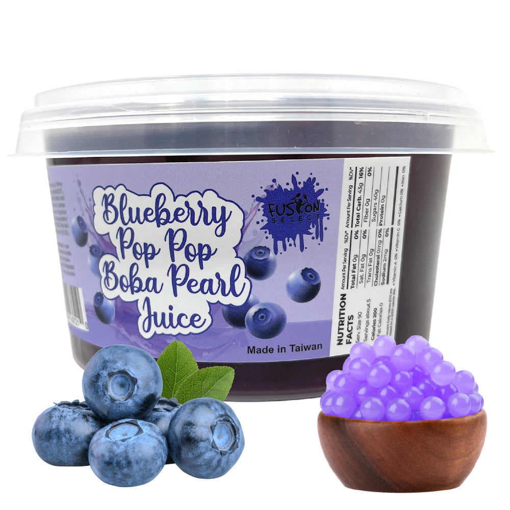 Fusion Select bursting bobaz pearls in blueberry flavor ready to top beverages