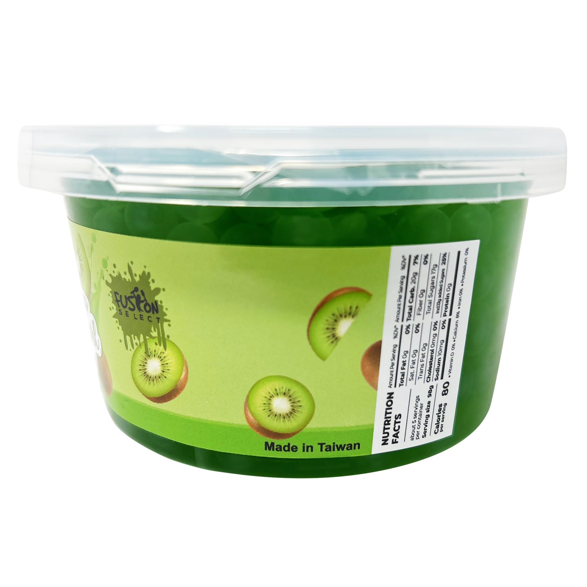 Fusion Select kiwi bursting pearls in a glass for a refreshing tea topping
