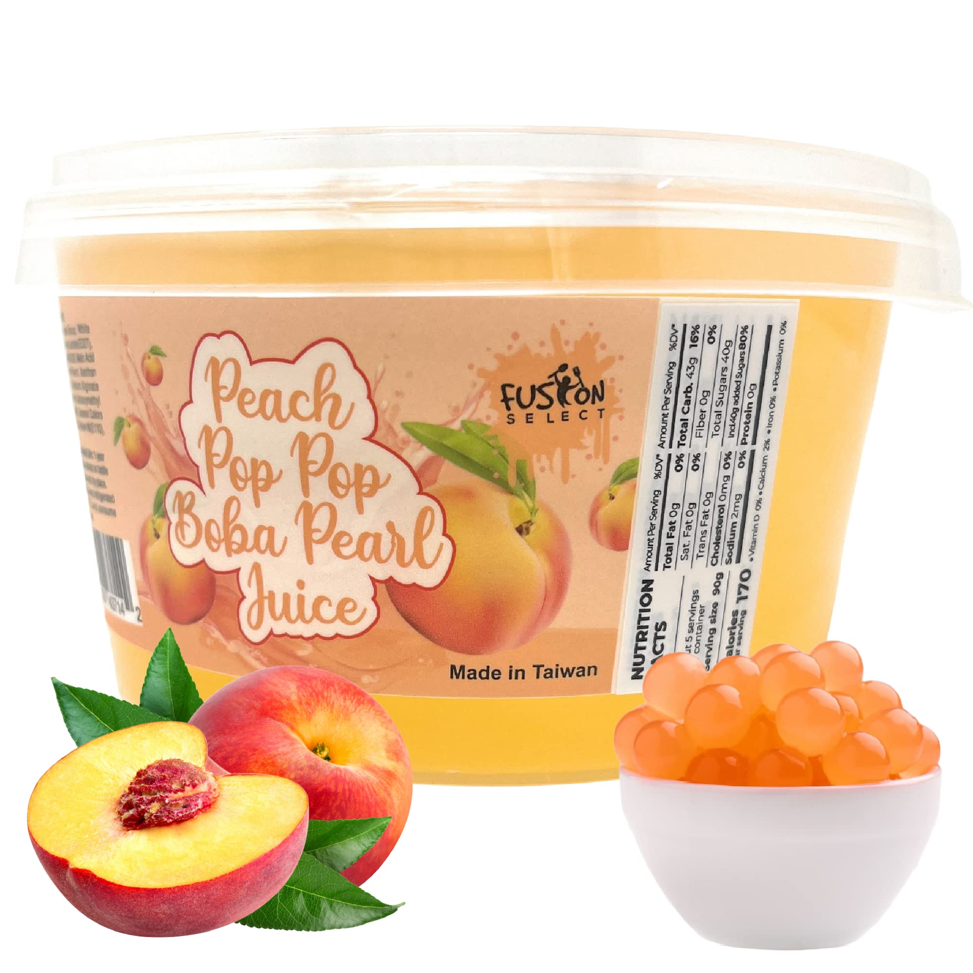 Fusion Select boba bursting pearls peach pack shows juicy real-fruit pearls for tea toppings