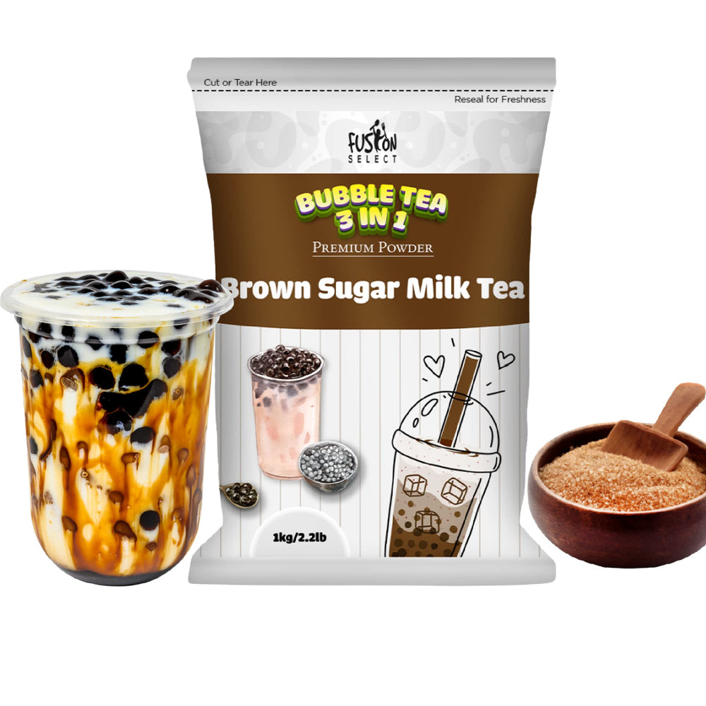 Fusion Select brown sugar milk tea powder packaging, pantry-ready for quick drinks