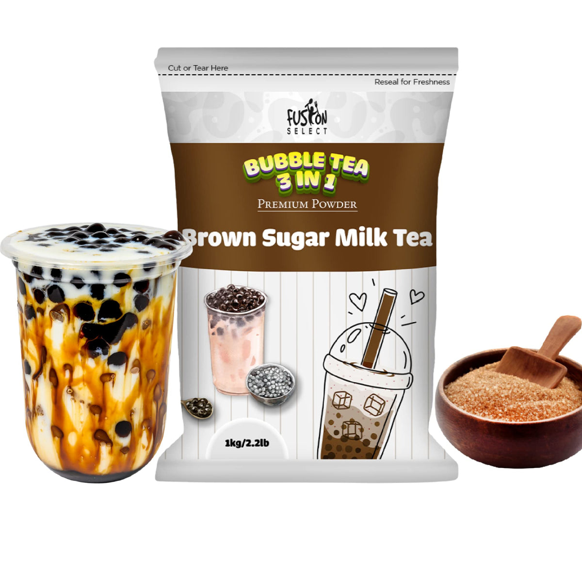 Fusion Select brown sugar milk tea powder packaging, pantry-ready for quick drinks