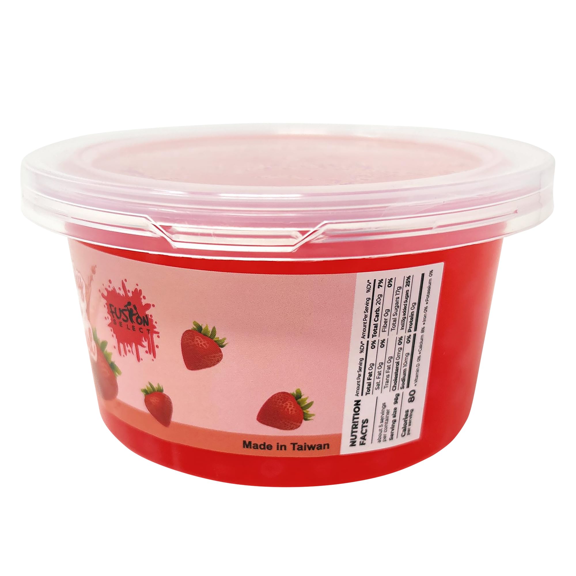 Fusion Select bursting boba pearls strawberry closeup, juicy popping texture enhances drinks.